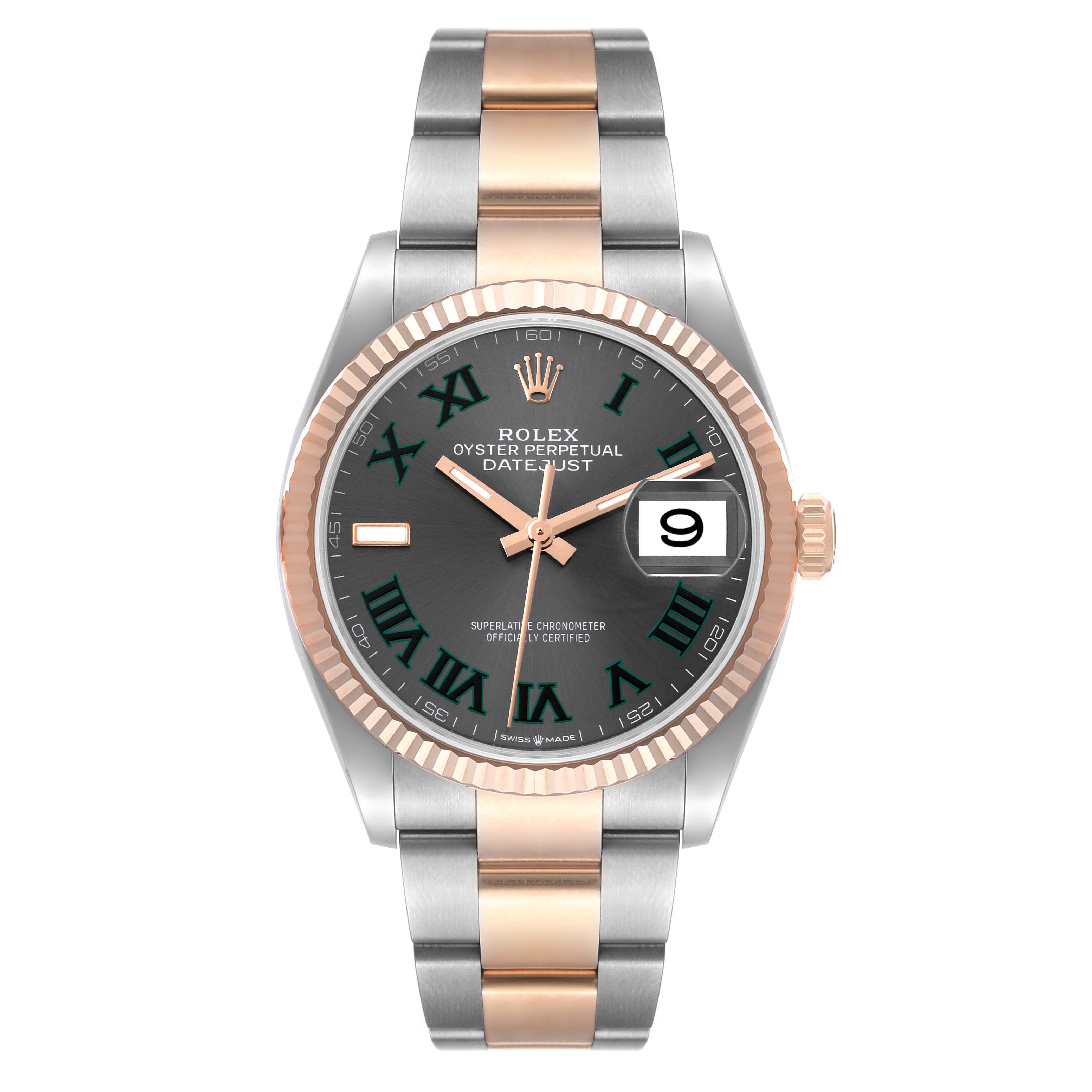 The Rolex Datejust 126231 Men's Steel and Gold (two tone) Grey Dial 126231 Men's Steel and Gold (two tone) Grey Dial watch is shown from a front angle, displaying its dial, hands, date window, and bracelet.
