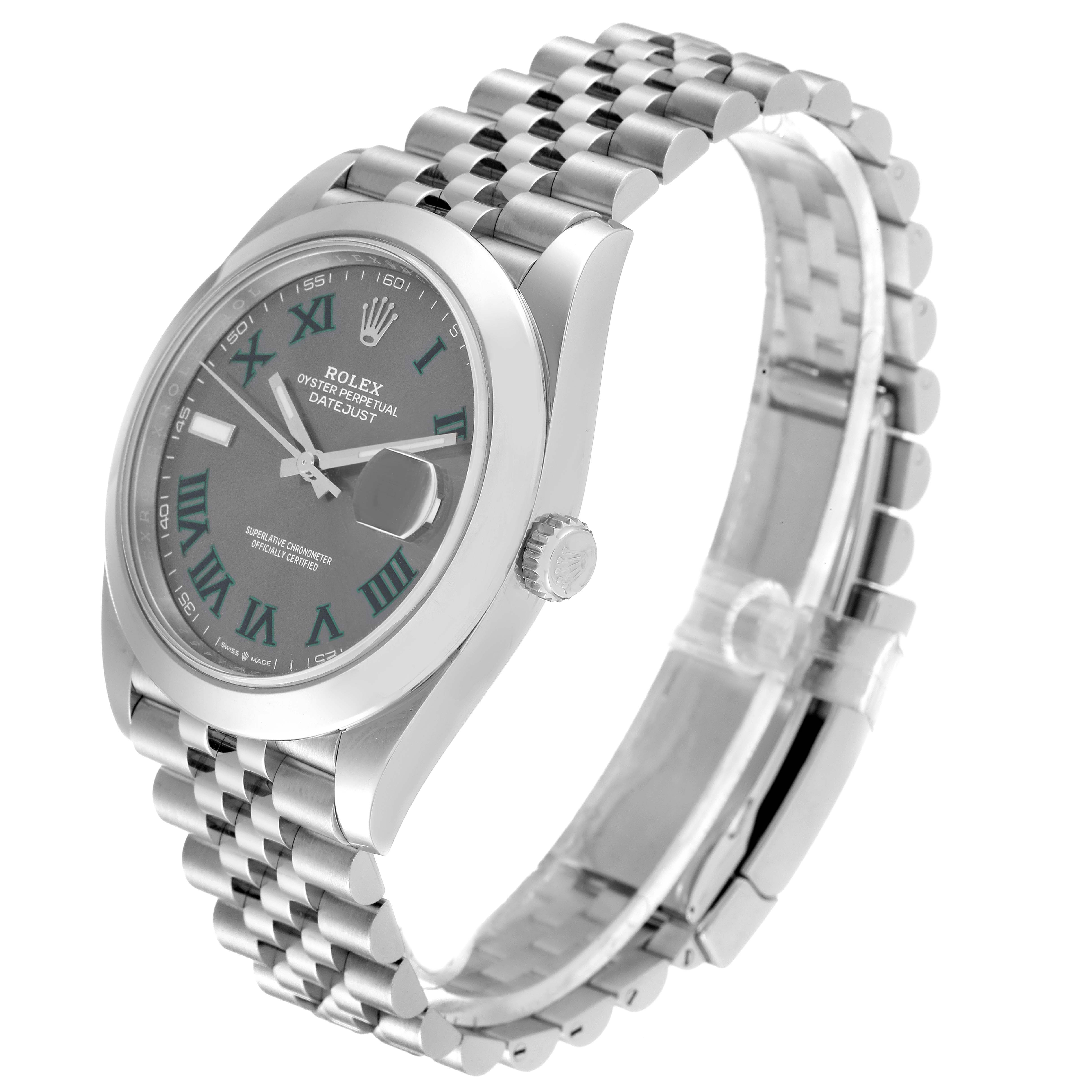 The Rolex Datejust 41 126300 Men's Stainless Steel Grey Dial 126300 Men's Stainless Steel Grey Dial model is shown from a three-quarter angle, highlighting the dial, bezel, crown, and bracelet.