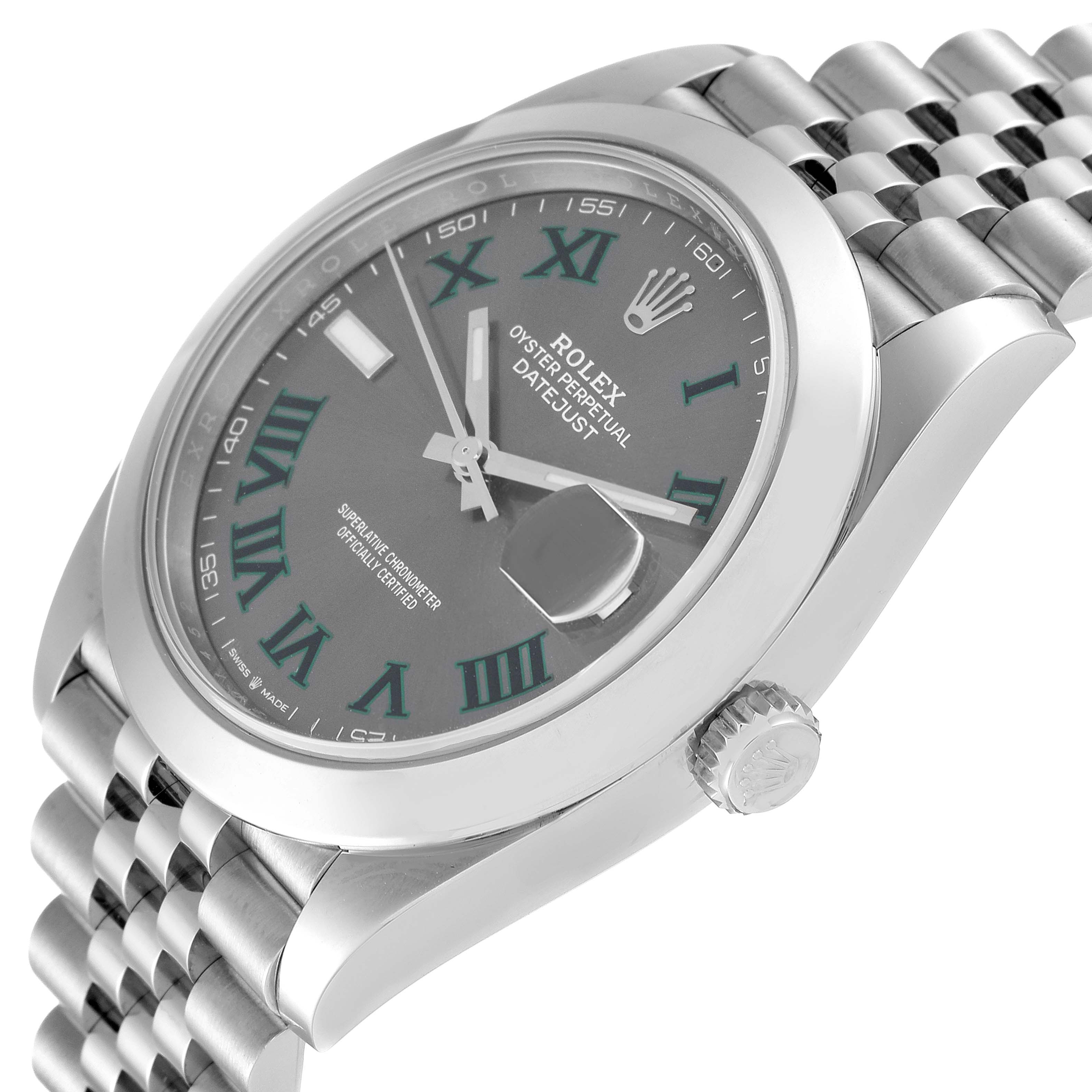 The Rolex Datejust 41 126300 Men's Stainless Steel Grey Dial 126300 Men's Stainless Steel Grey Dial is shown at an angle highlighting the dial, crown, and portion of the bracelet.