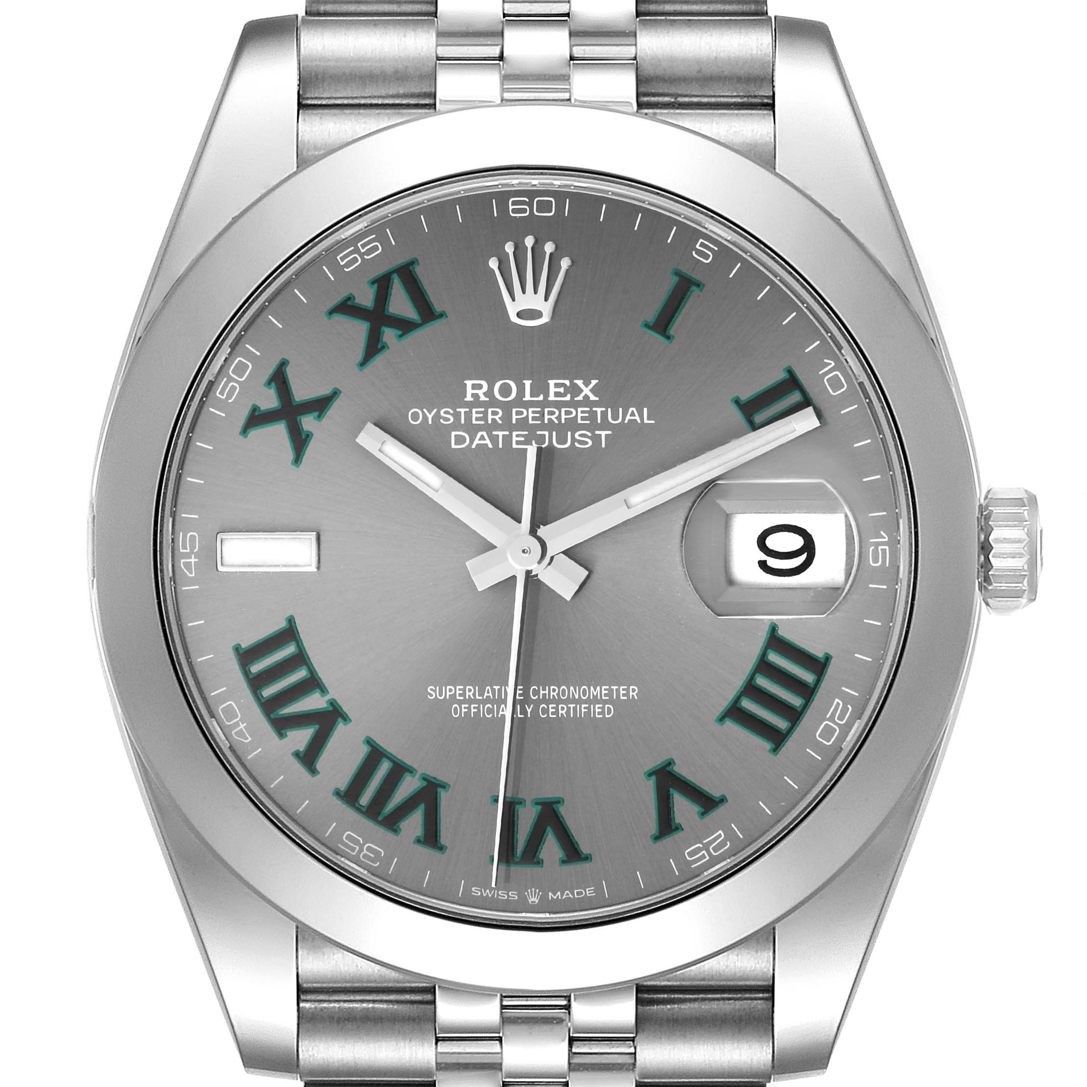 The image shows a frontal view of the Rolex Datejust 41 126300 Men's Stainless Steel Grey Dial 126300 Men's Stainless Steel Grey Dial watch, highlighting its dial, bezel, hands, and bracelet.
