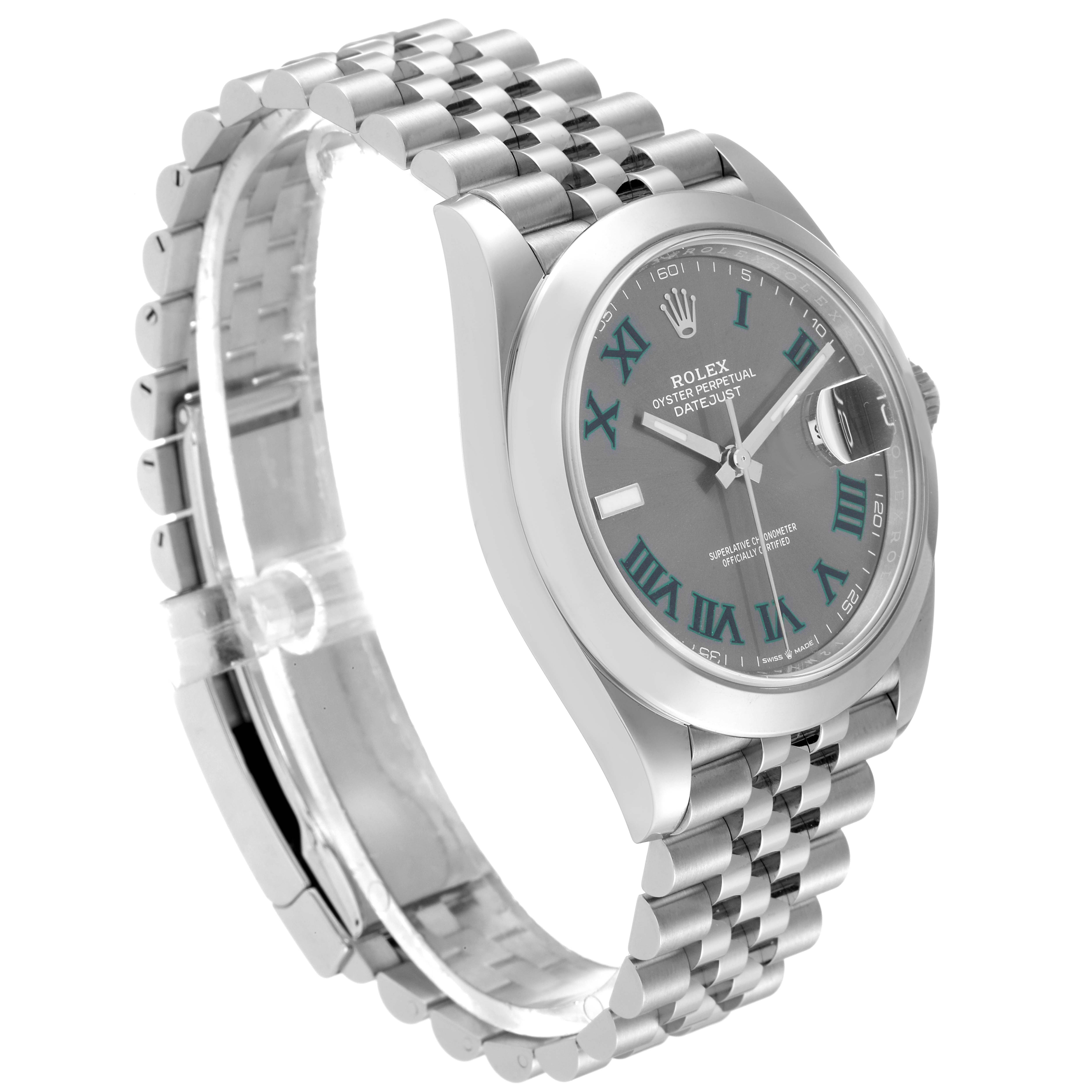 The image shows a Rolex Datejust 41 126300 Men's Stainless Steel Grey Dial 126300 Men's Stainless Steel Grey Dial watch angled from the front-left, displaying the face and part of the bracelet.