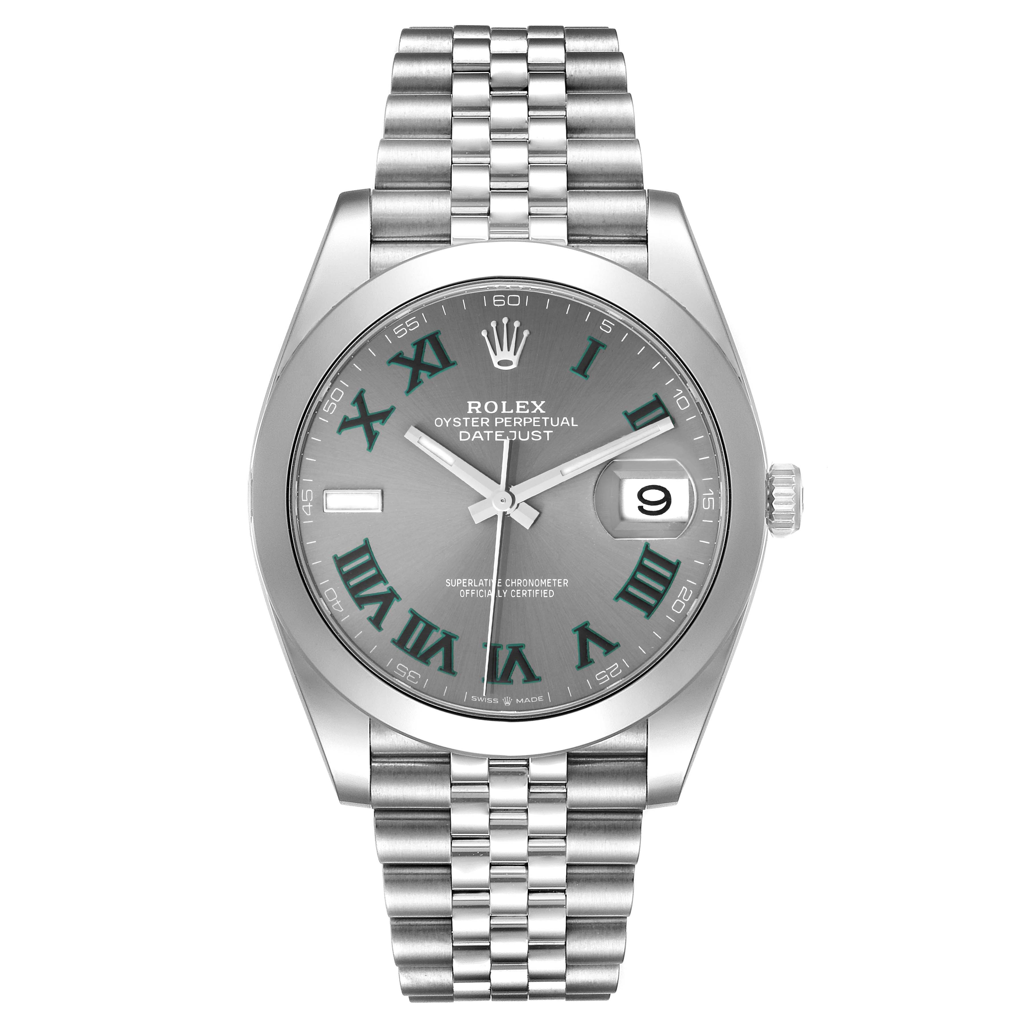The image shows a front view of the Rolex Datejust 41 126300 Men's Stainless Steel Grey Dial 126300 Men's Stainless Steel Grey Dial watch, featuring a grey dial with Roman numerals and a Jubilee bracelet.