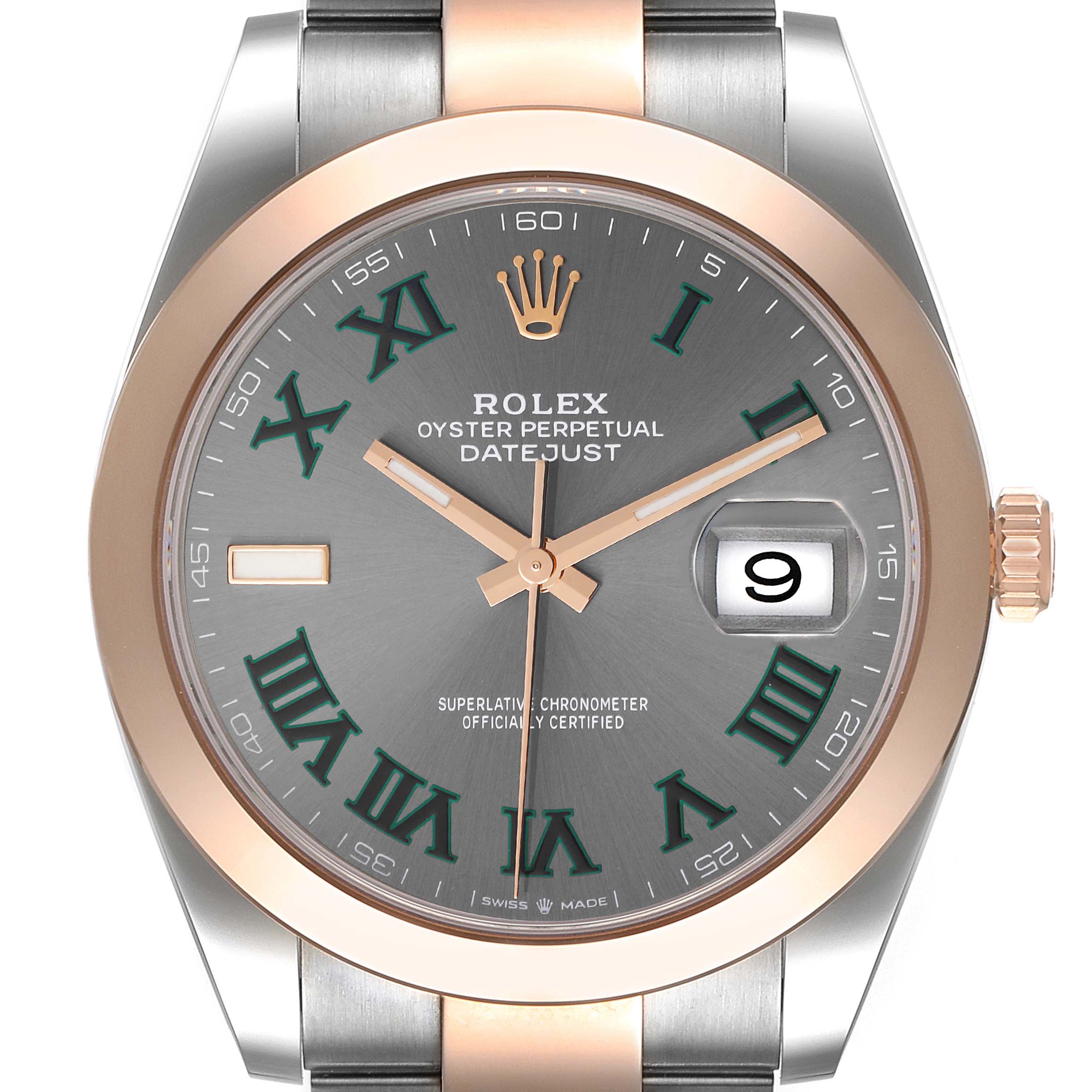 This picture shows a front view of the Rolex Datejust 41 126301 Men's Steel and Gold (two tone) Grey Dial 126301 Men's Steel and Gold (two tone) Grey Dial watch, displaying its dial, bezel, and bracelet clearly.
