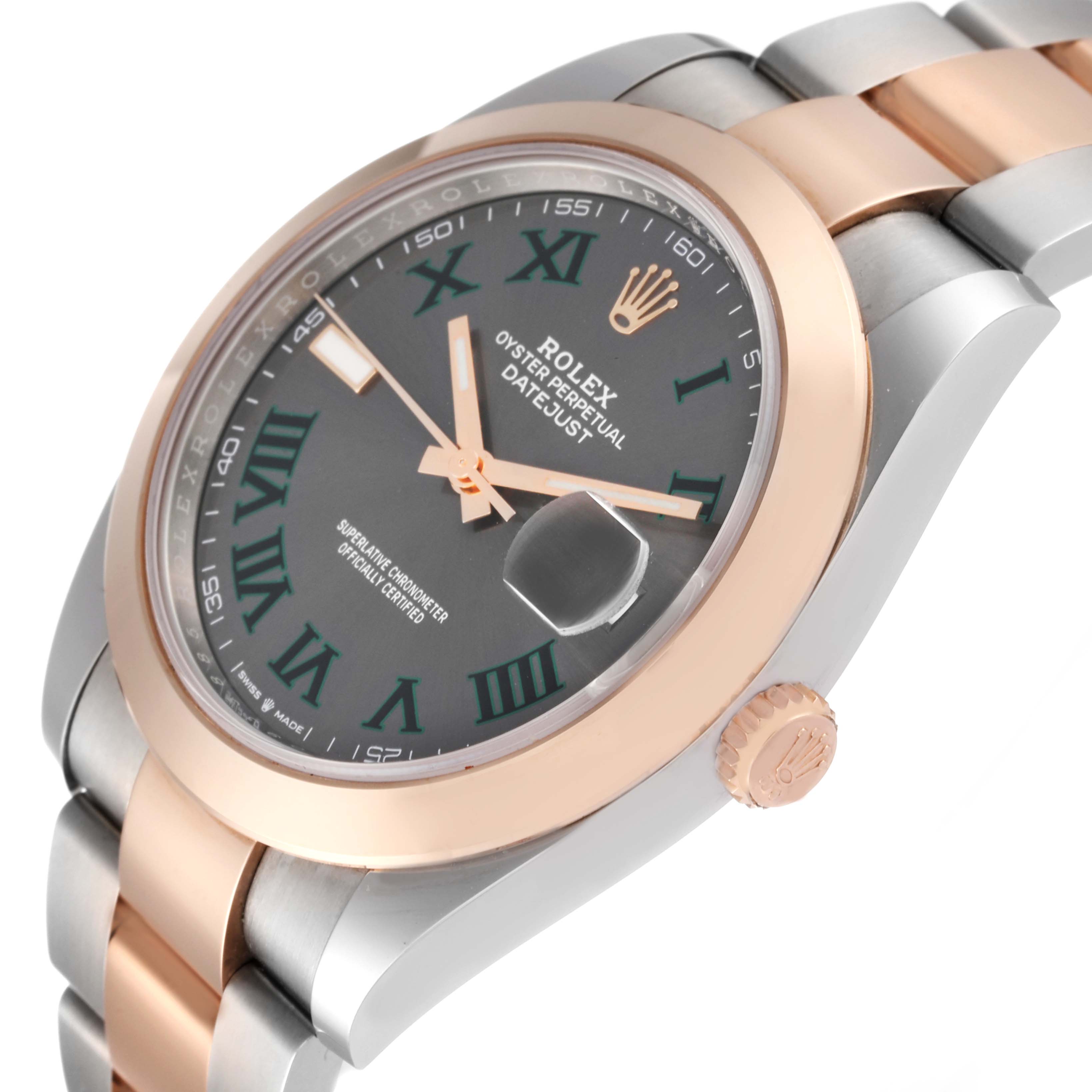 The image shows a close-up angled view of the Rolex Datejust 41 126301 Men's Steel and Gold (two tone) Grey Dial 126301 Men's Steel and Gold (two tone) Grey Dial watch, highlighting the dial, bezel, and part of the bracelet.