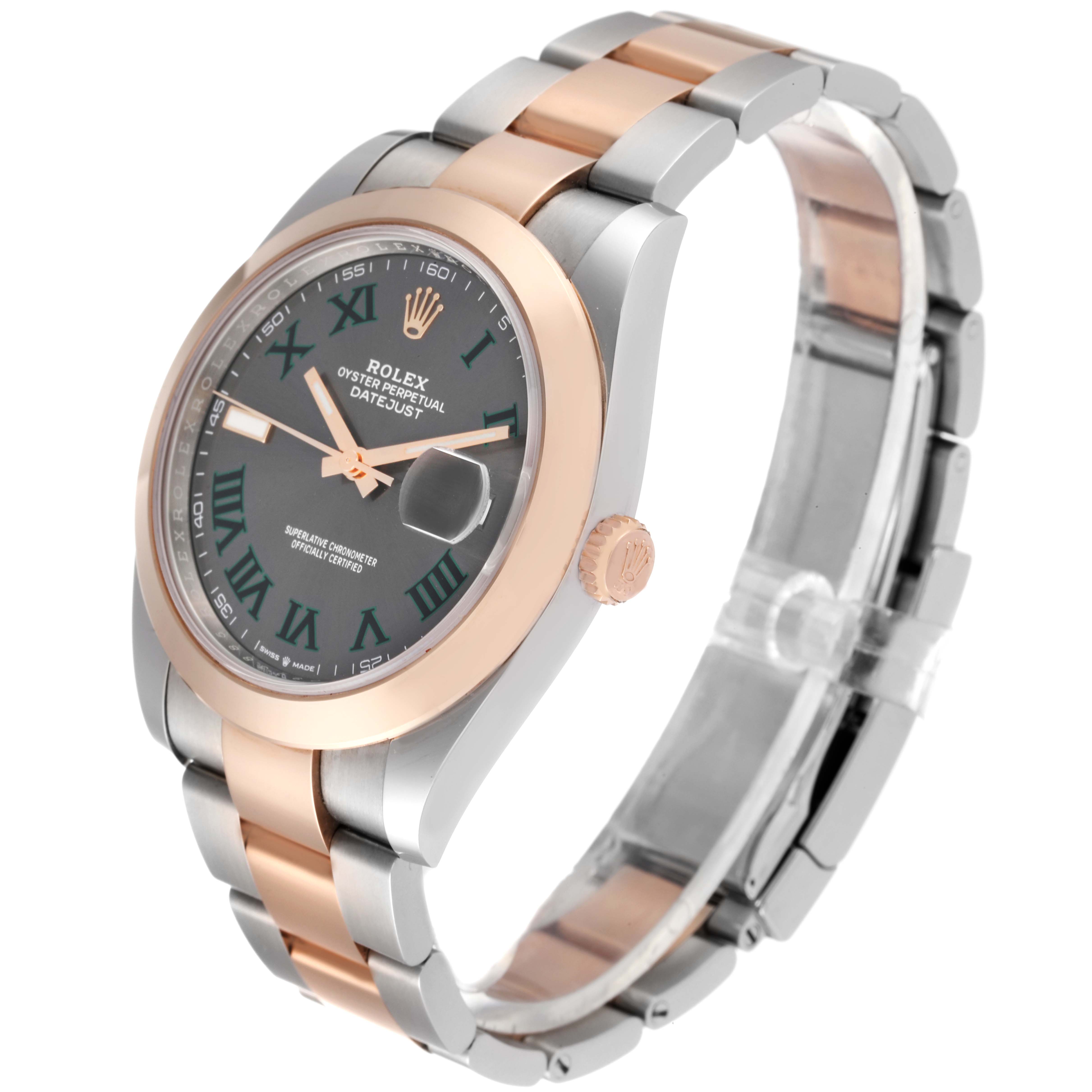 The Rolex Datejust 41 126301 Men's Steel and Gold (two tone) Grey Dial 126301 Men's Steel and Gold (two tone) Grey Dial watch is shown at a slight angle revealing its gold and silver bracelet, case, dial, and crown.