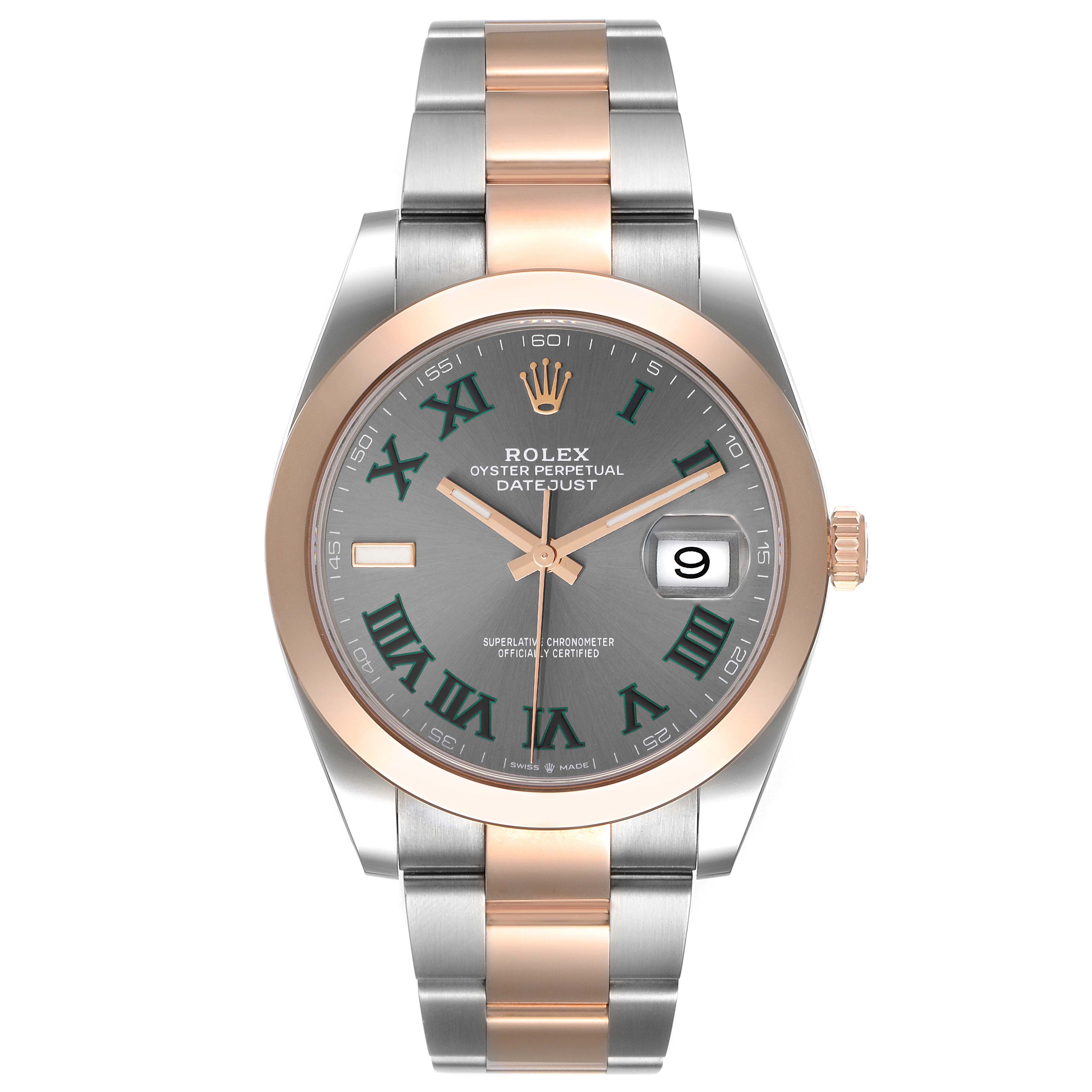 This image shows a head-on view of the Rolex Datejust 41 126301 Men's Steel and Gold (two tone) Grey Dial 126301 Men's Steel and Gold (two tone) Grey Dial, featuring its dial, bracelet, hands, and date window.
