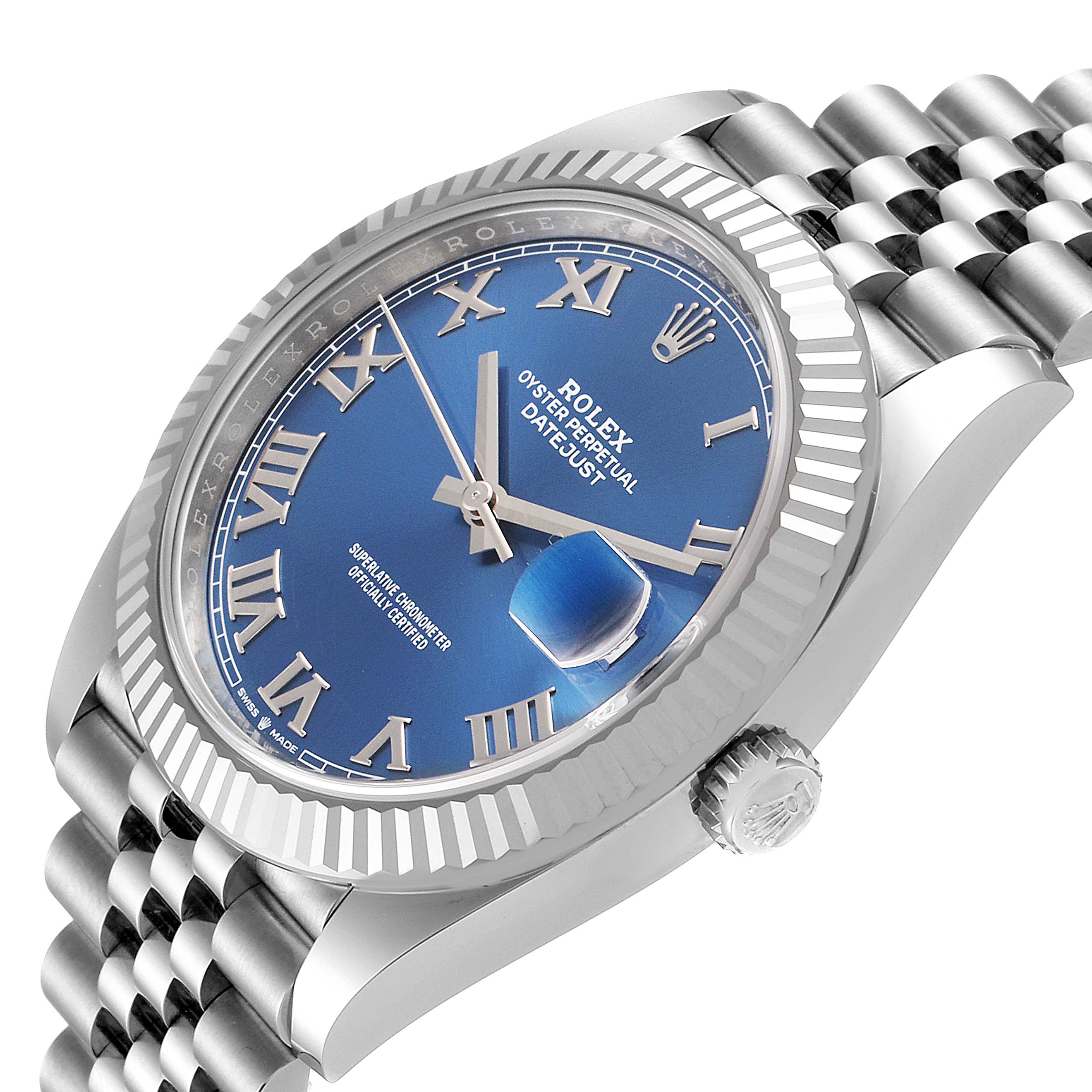 The image shows a close-up angle of the Rolex Datejust 41 126334 Men
s Stainless Steel Blue Dial 126334 Men
s Stainless Steel Blue Dial watch, highlighting its blue dial, fluted bezel, crown, and part of the bracelet.