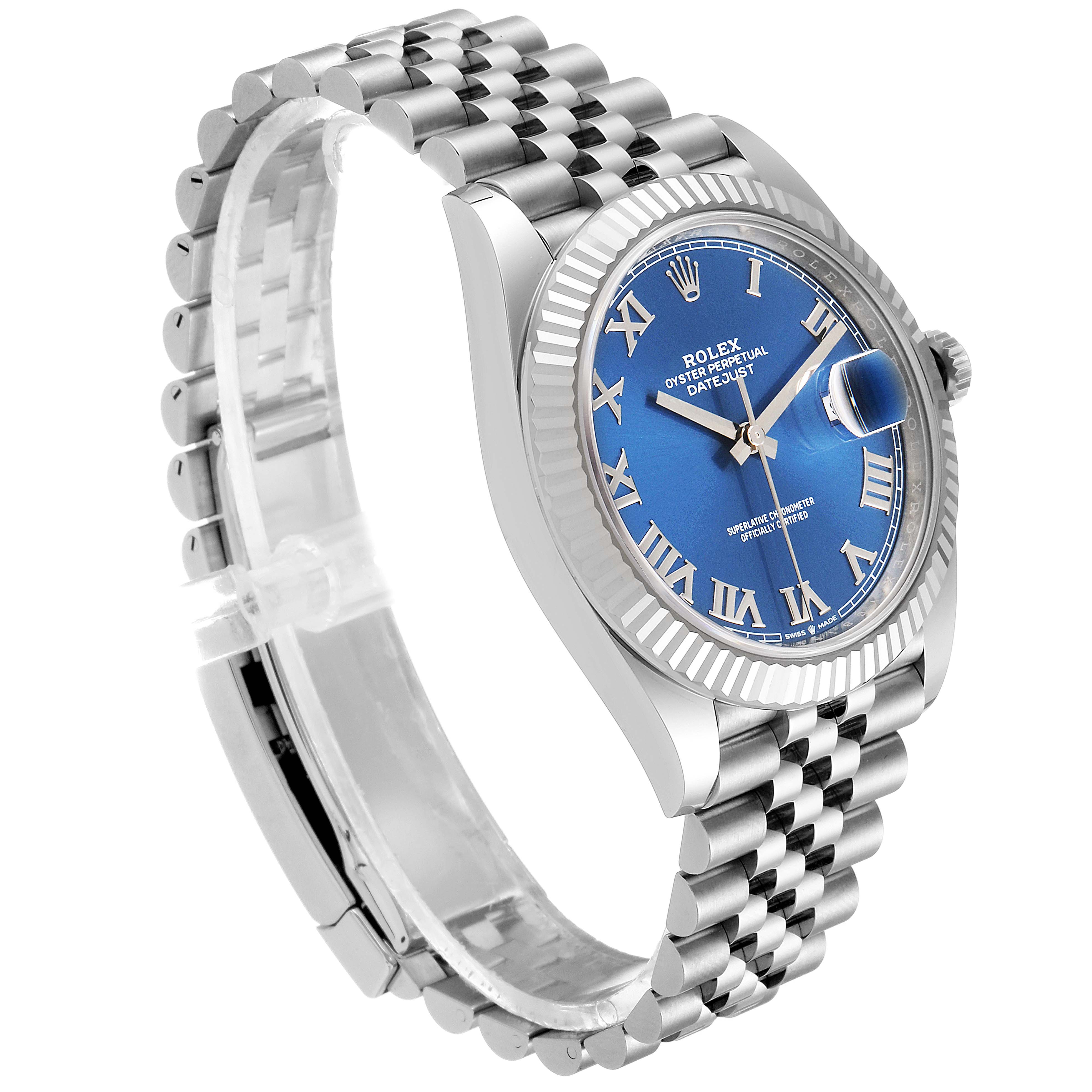 This image shows the Rolex Datejust 41 126334 Men
s Stainless Steel Blue Dial 126334 Men
s Stainless Steel Blue Dial watch from a side angle, highlighting its blue dial, fluted bezel, and jubilee bracelet.