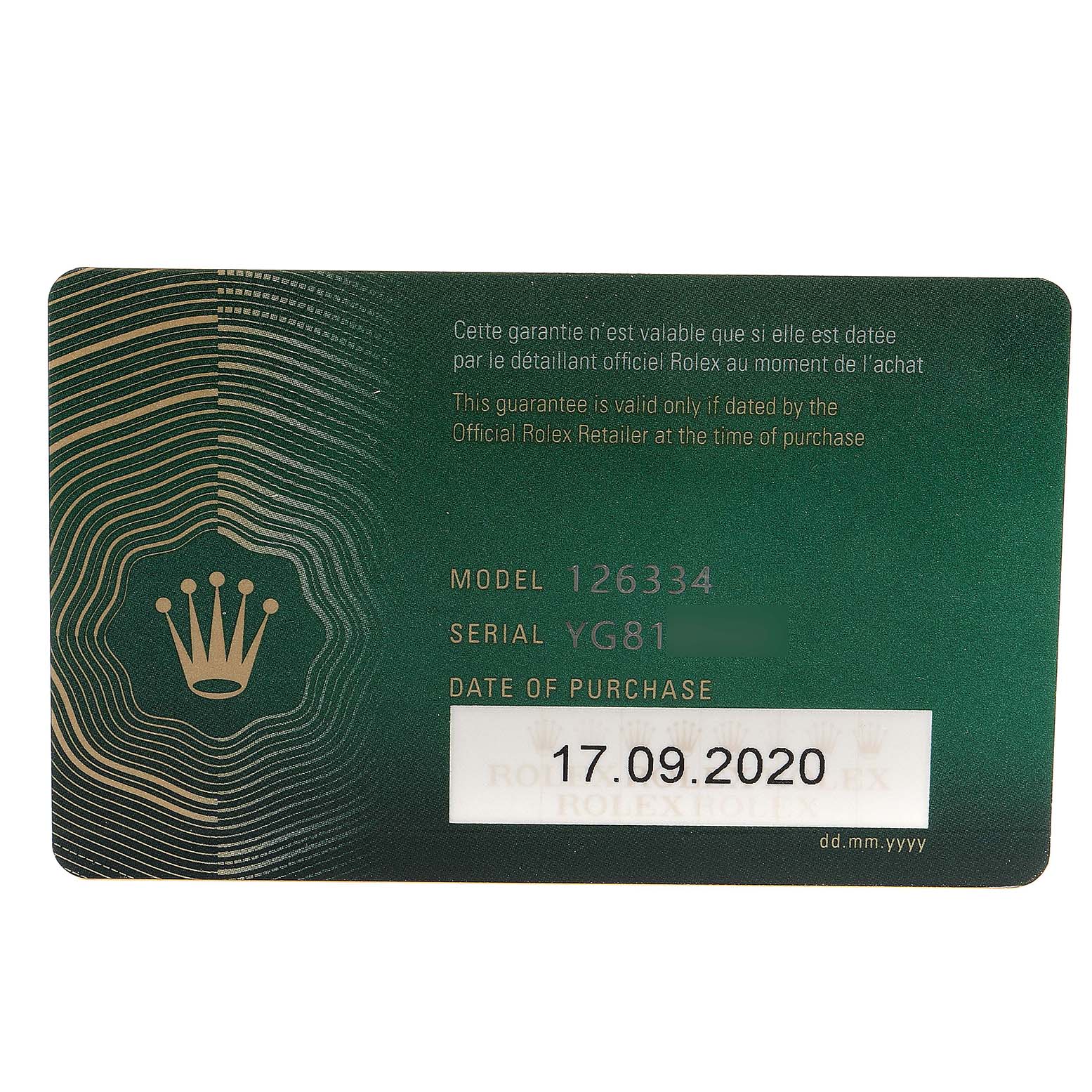 This is the warranty card for a Rolex Datejust 41 126334 Men
s Stainless Steel Blue Dial 126334 Men
s Stainless Steel Blue Dial model, showing the model number, serial number, and purchase date.