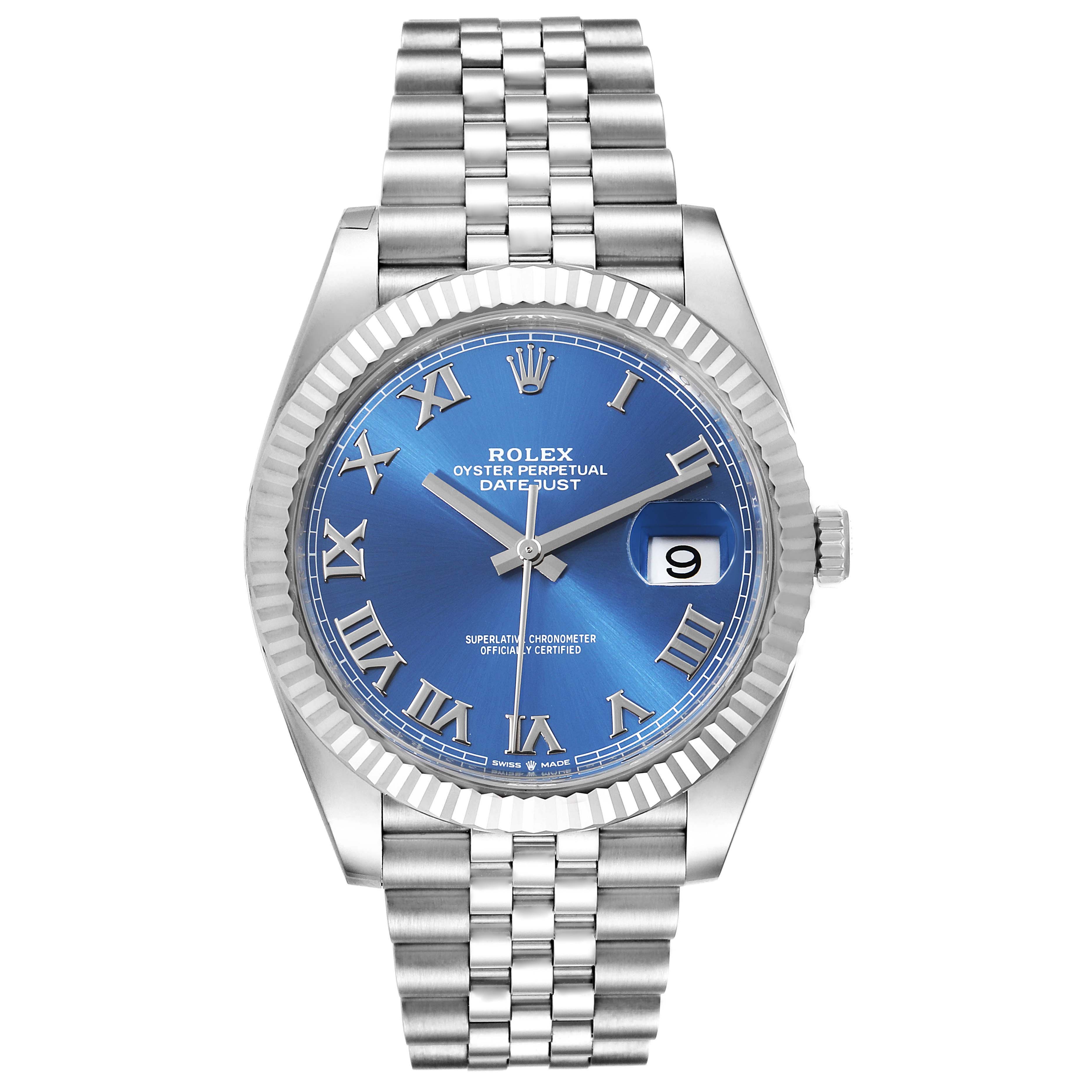 This Rolex Datejust 41 126334 Men
s Stainless Steel Blue Dial 126334 Men
s Stainless Steel Blue Dial watch is shown from a front angle, highlighting its Jubilee bracelet, fluted bezel, and blue dial with Roman numerals.