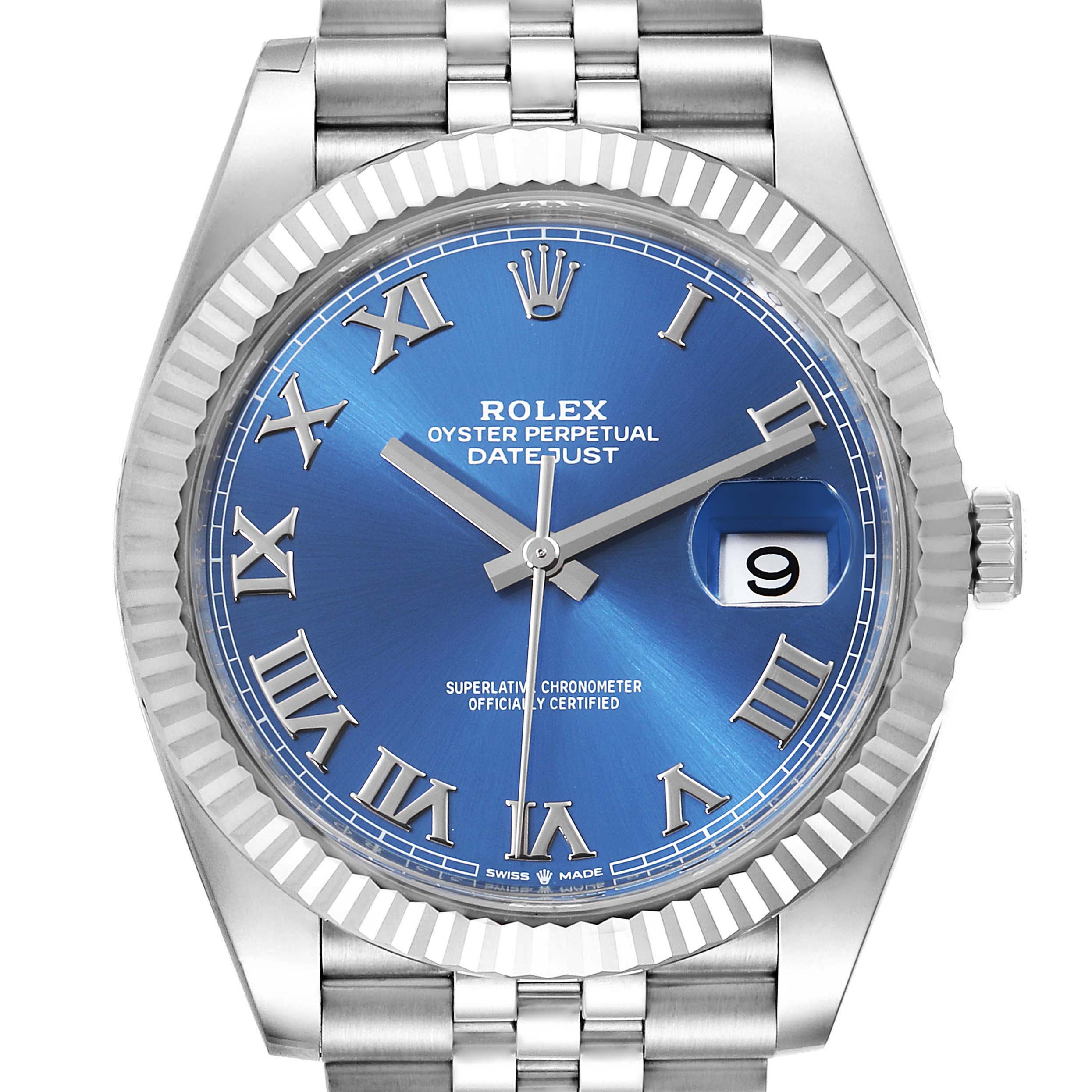 The image shows a Rolex Datejust 41 126334 Men
s Stainless Steel Blue Dial 126334 Men
s Stainless Steel Blue Dial model watch from the front, highlighting its blue dial, fluted bezel, and jubilee bracelet.
