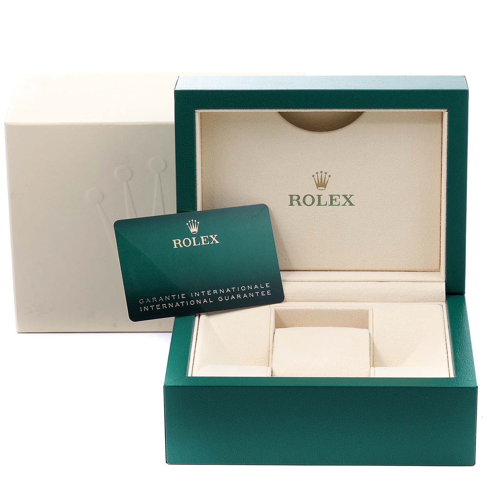 This image shows the box and international guarantee card for a Rolex Datejust 41 126334 Men
s Stainless Steel Blue Dial 126334 Men
s Stainless Steel Blue Dial watch.
