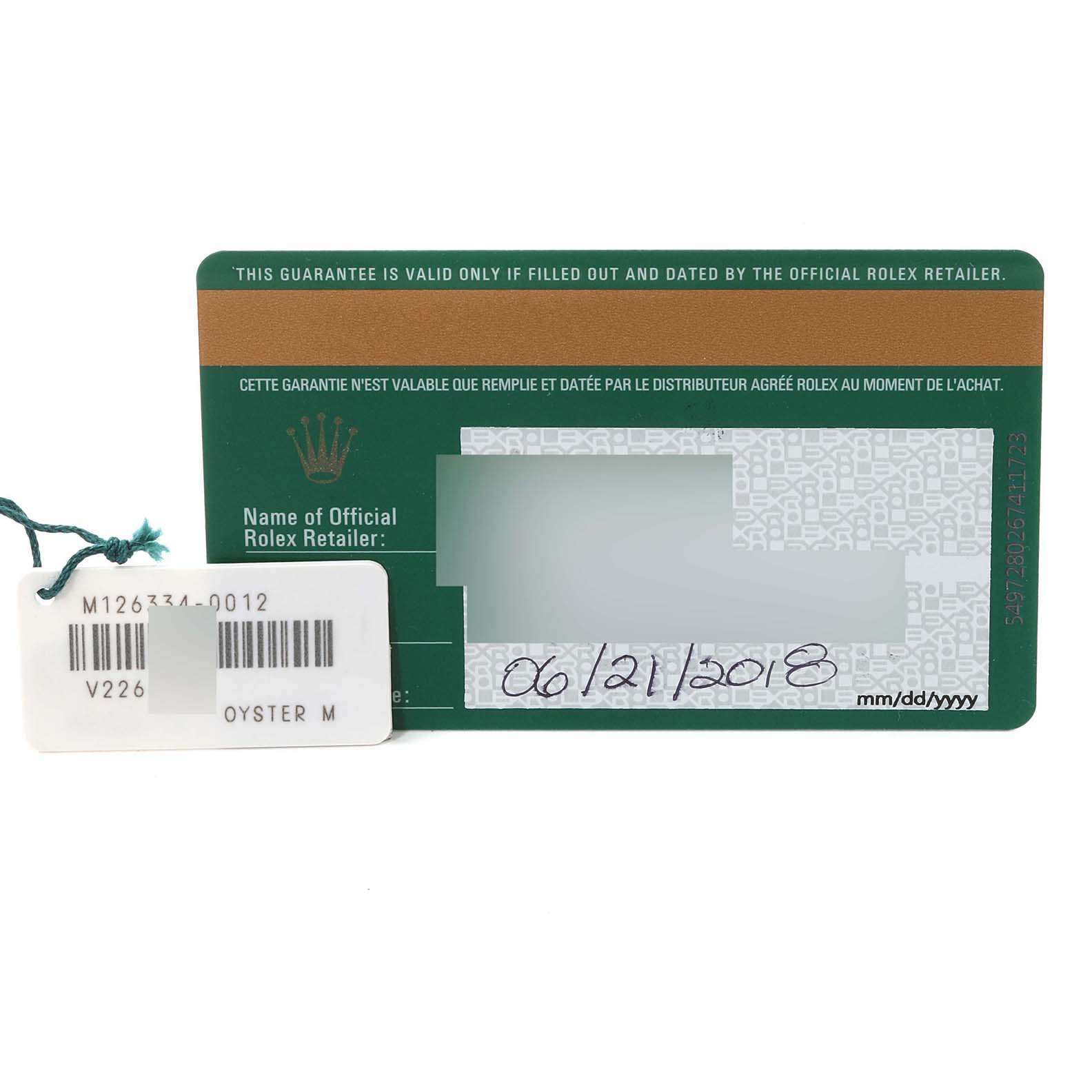 The image shows a warranty card and tag for the Rolex Datejust 41 126334 Men
s Stainless Steel Black Dial 126334 Men
s Stainless Steel Black Dial model.