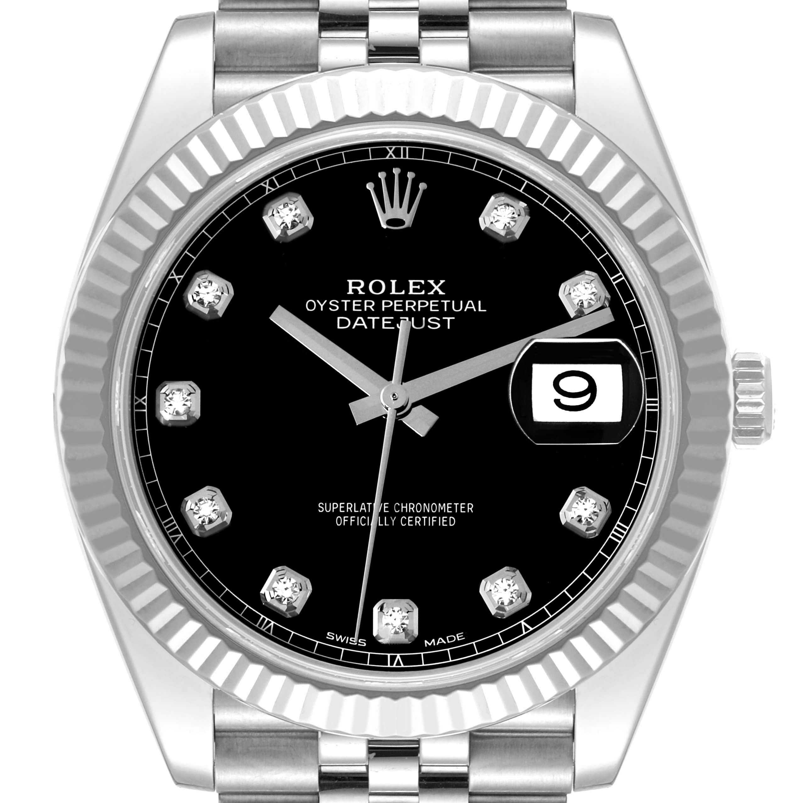 The image shows a front view of the Rolex Datejust 41 126334 Men
s Stainless Steel Black Dial 126334 Men
s Stainless Steel Black Dial watch, highlighting its dial, bezel, crown, and part of the bracelet.
