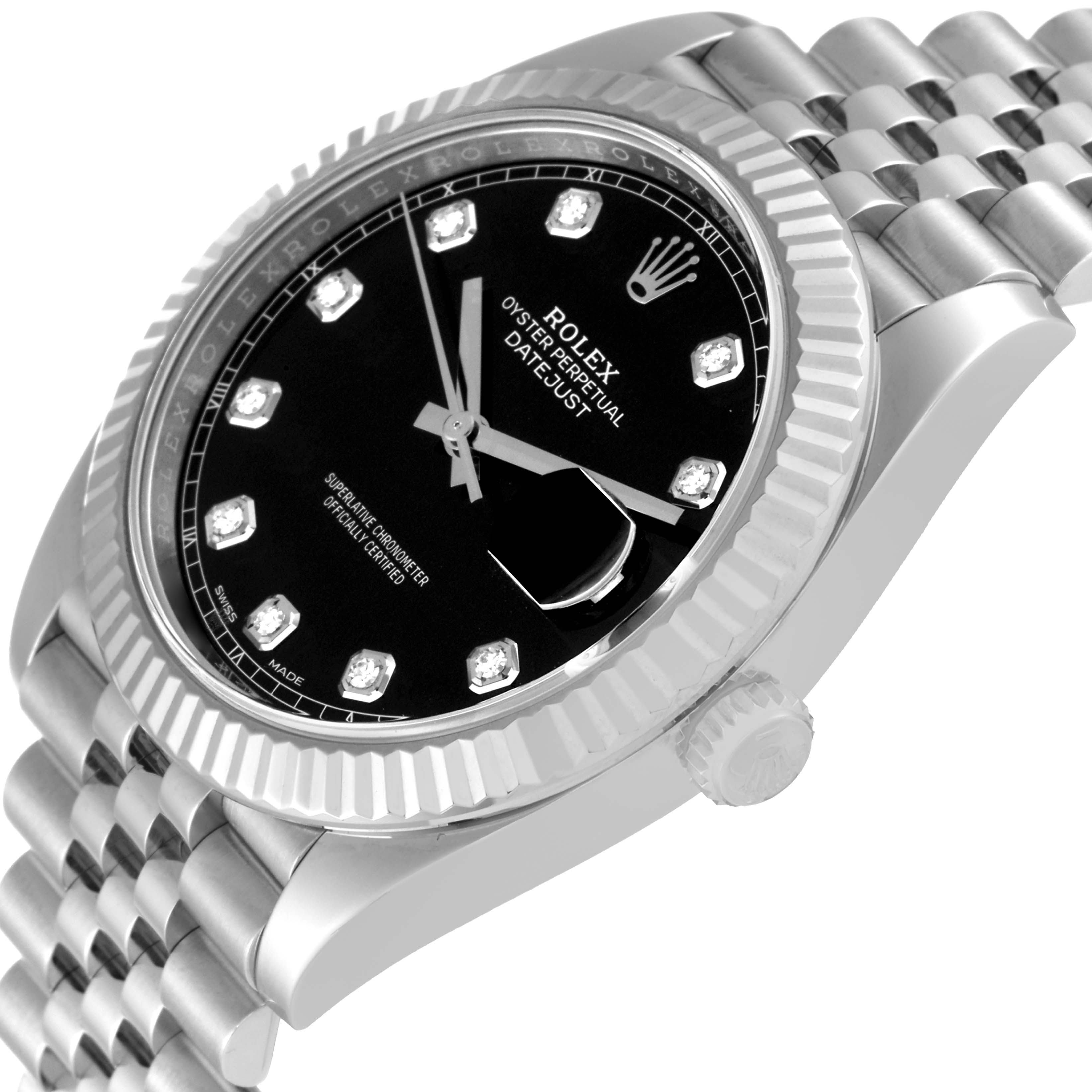 The image shows a close-up angle of the Rolex Datejust 41 126334 Men
s Stainless Steel Black Dial 126334 Men
s Stainless Steel Black Dial, highlighting the bezel, dial, crown, and part of the bracelet.
