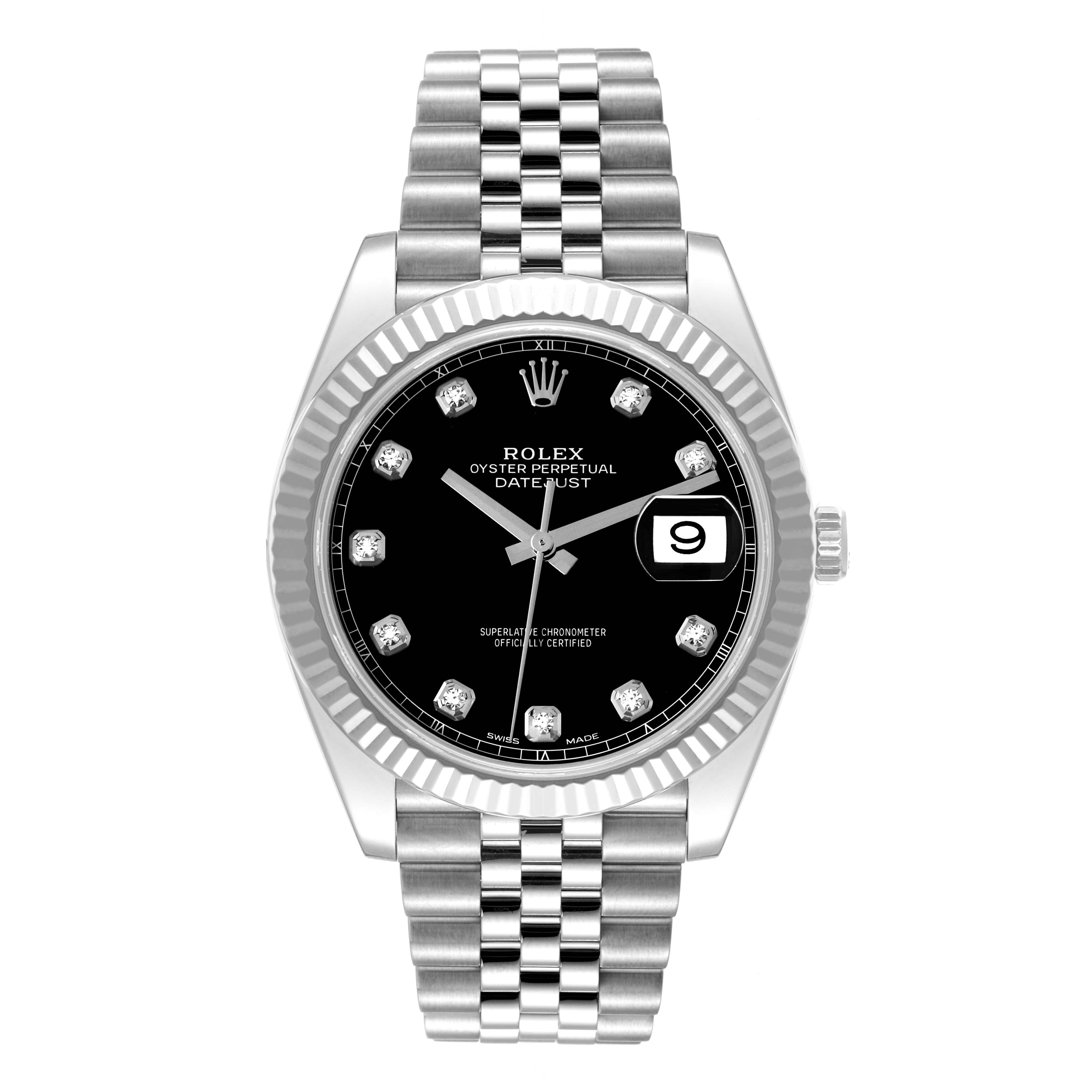 The image shows a frontal view of the Rolex Datejust 41 126334 Men
s Stainless Steel Black Dial 126334 Men
s Stainless Steel Black Dial watch, highlighting the black dial, fluted bezel, and Jubilee bracelet.