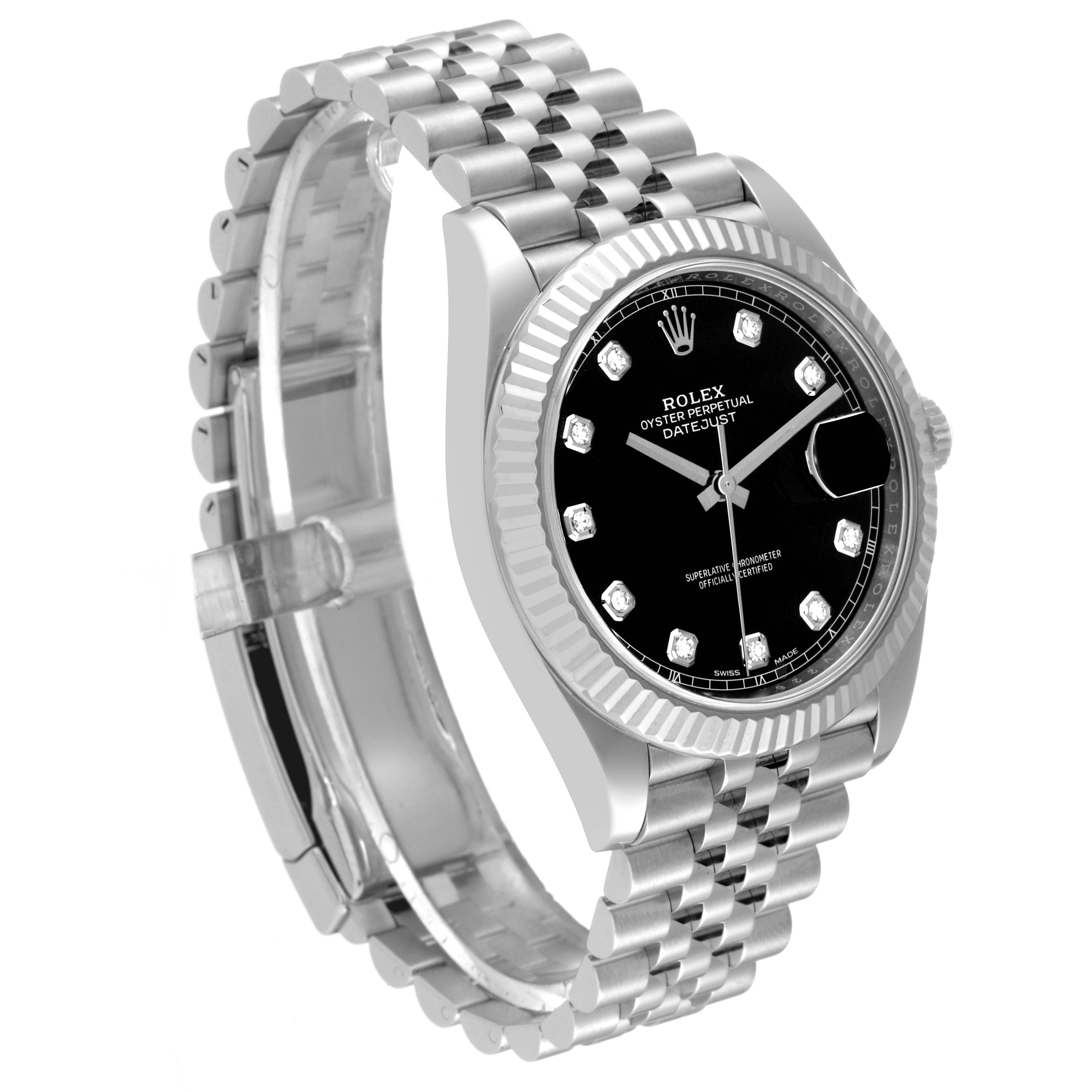 The image shows a Rolex Datejust 41 126334 Men
s Stainless Steel Black Dial 126334 Men
s Stainless Steel Black Dial watch from a front-right angle, highlighting its black dial, fluted bezel, and Jubilee bracelet.
