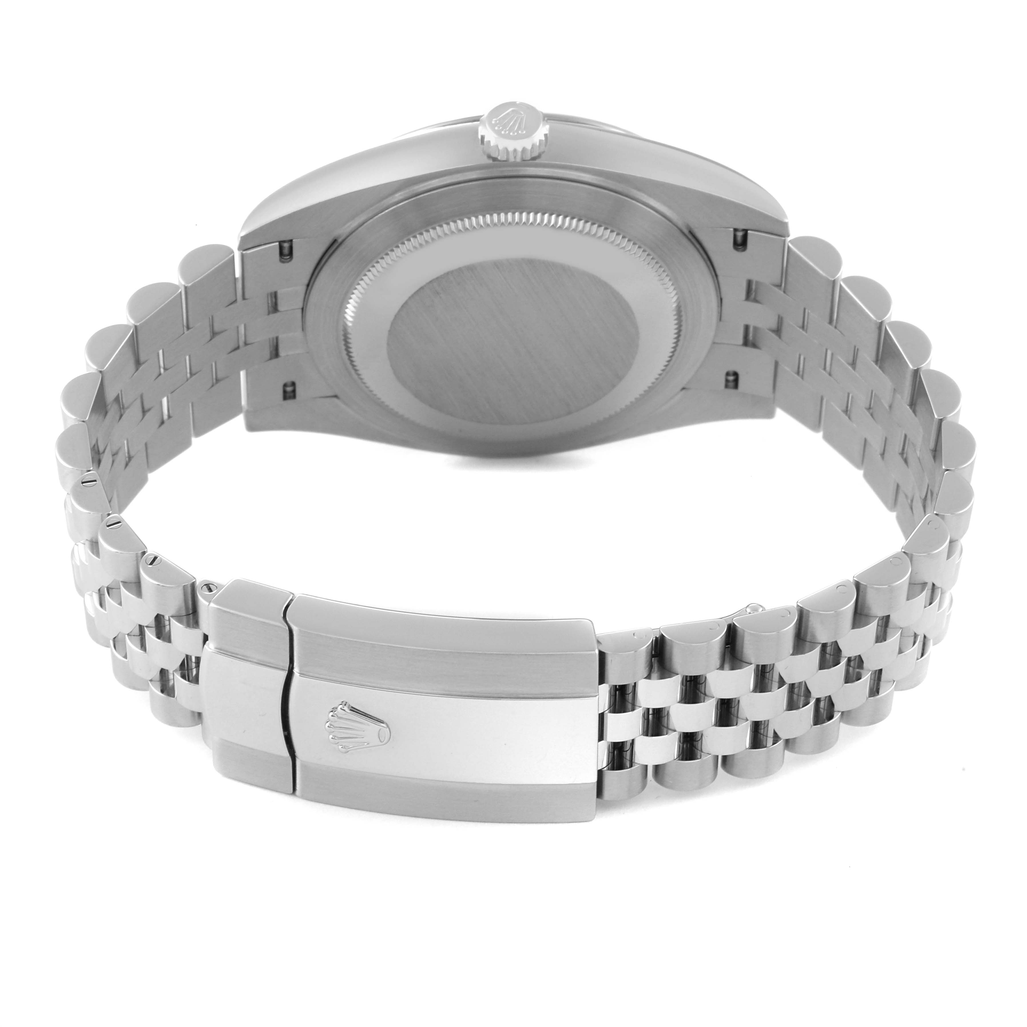 The image shows the backside and clasp of a Rolex Datejust 41 126334 Men
s Stainless Steel Black Dial 126334 Men
s Stainless Steel Black Dial watch, highlighting the bracelet and case back.