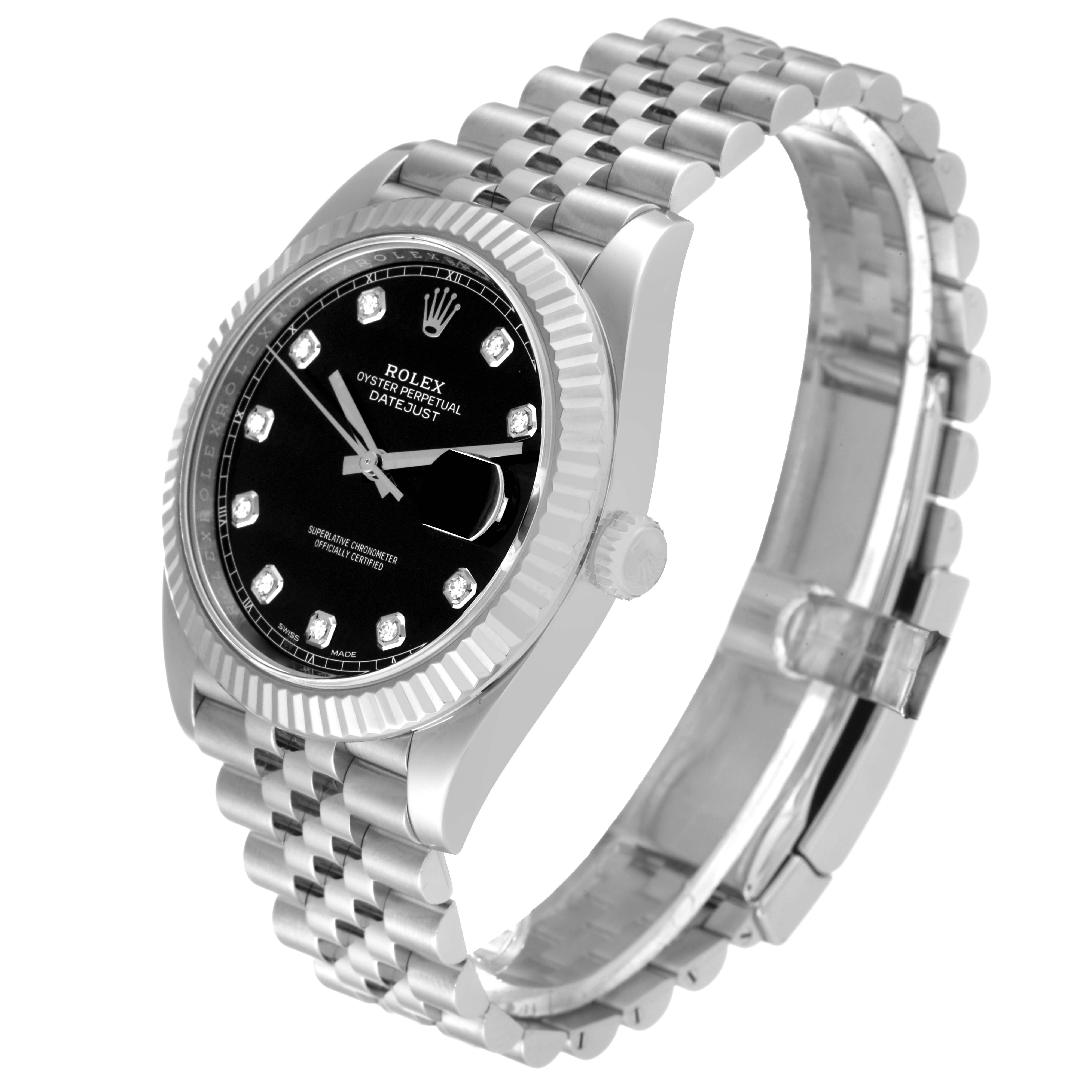 The image shows a Rolex Datejust 41 126334 Men
s Stainless Steel Black Dial 126334 Men
s Stainless Steel Black Dial watch at a three-quarter angle highlighting its black dial, bezel, and jubilee bracelet.