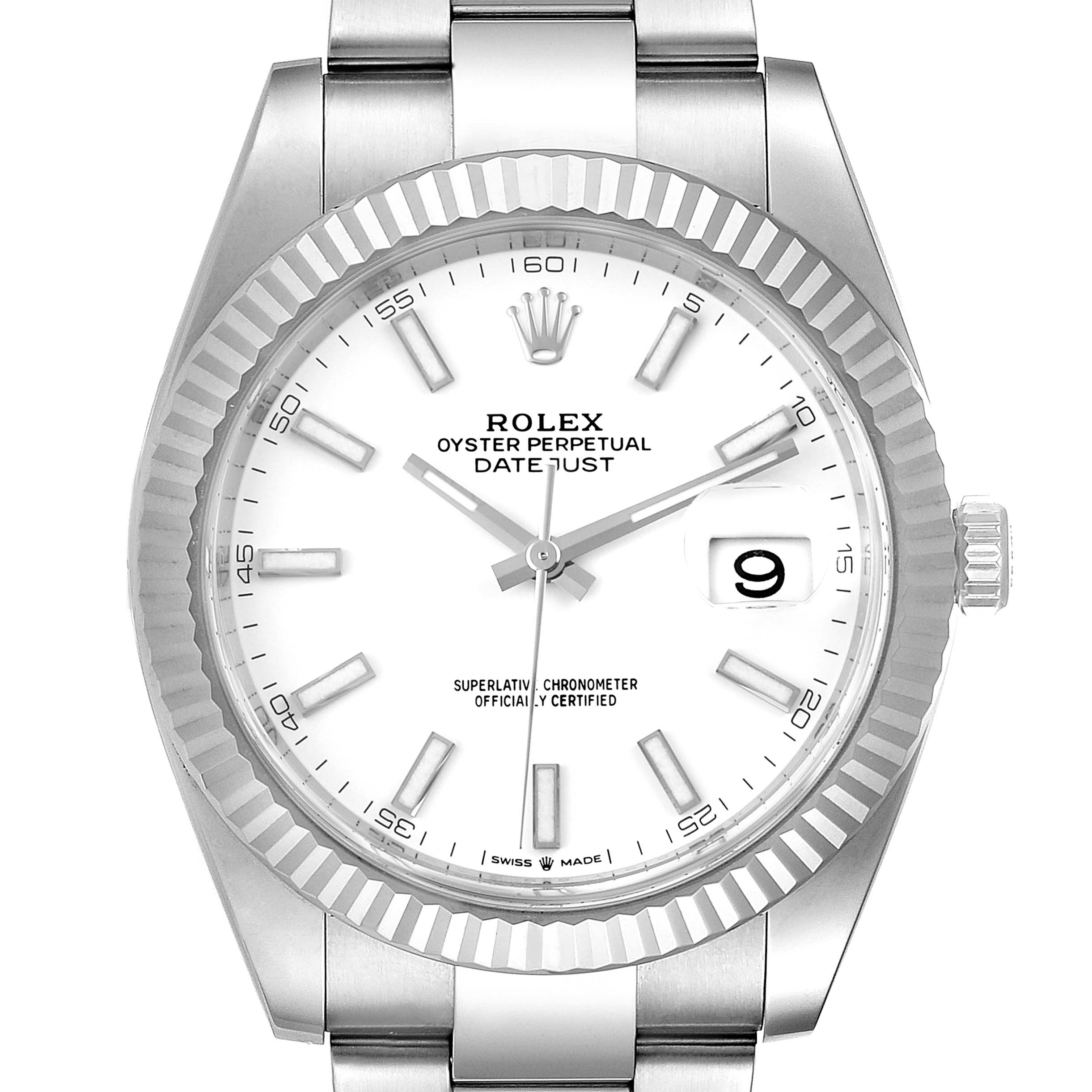 The image shows a frontal view of a Rolex Datejust 41 126334 Men
s Stainless Steel White Dial 126334 Men
s Stainless Steel White Dial watch, highlighting the dial, bezel, and part of the bracelet.