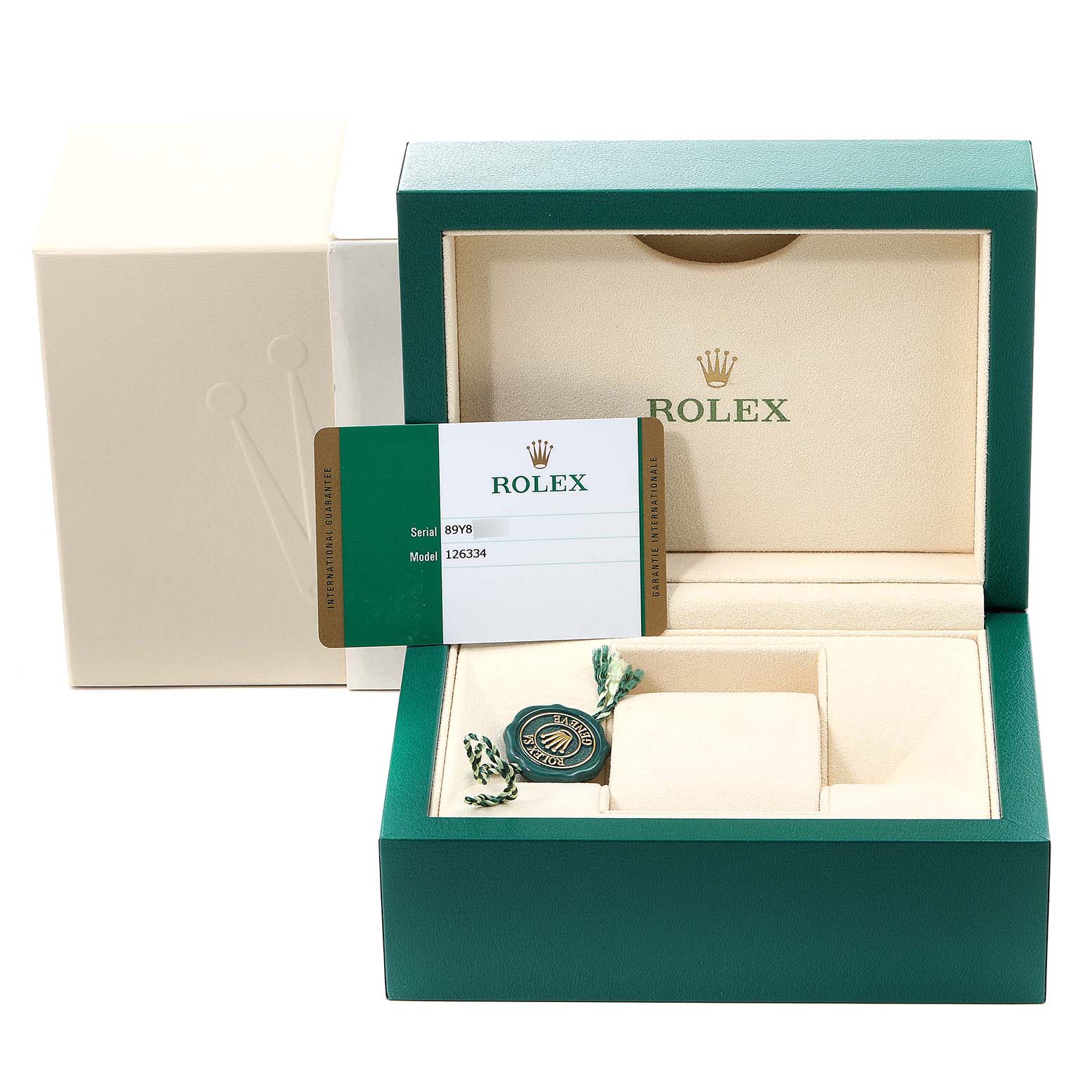 The image shows the packaging, warranty card, and a tag for the Rolex Datejust 41 126334 Men
s Stainless Steel White Dial 126334 Men
s Stainless Steel White Dial model.