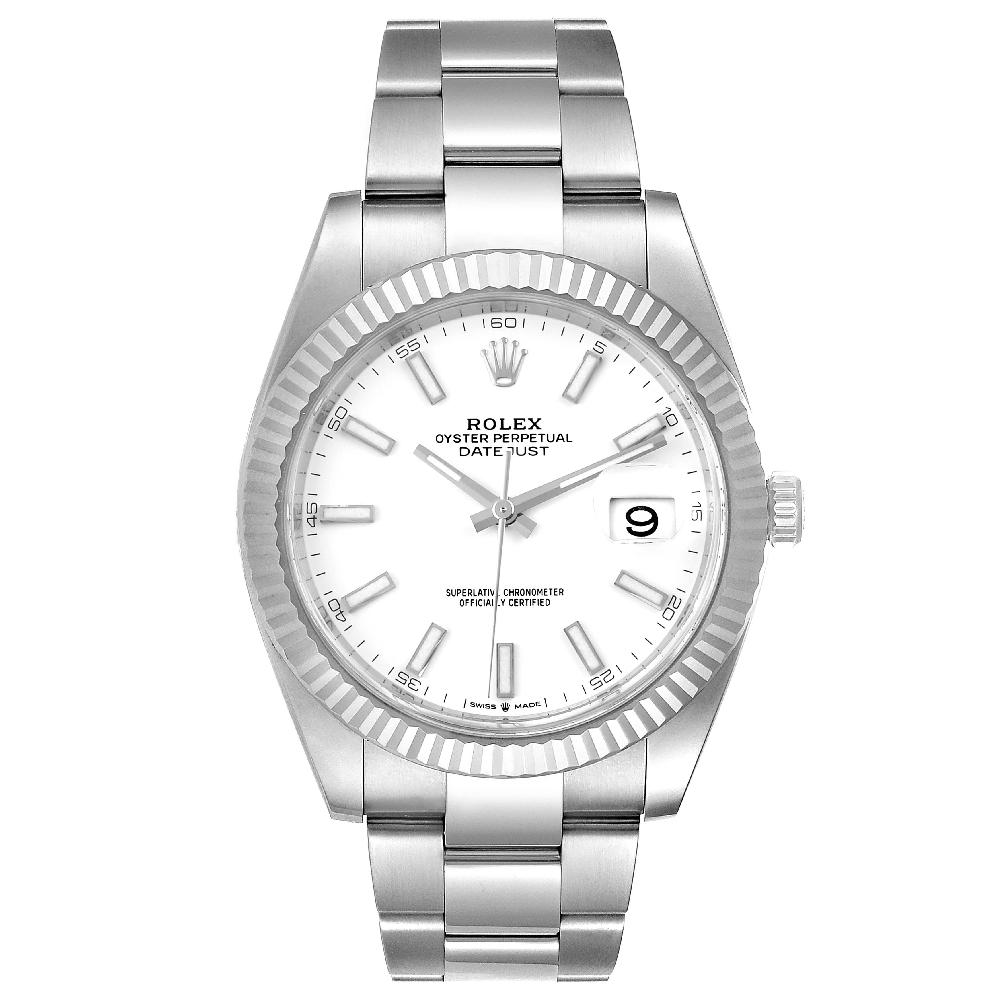 The Rolex Datejust 41 126334 Men
s Stainless Steel White Dial 126334 Men
s Stainless Steel White Dial watch is shown from a front angle, displaying the dial, bezel, bracelet, and crown.