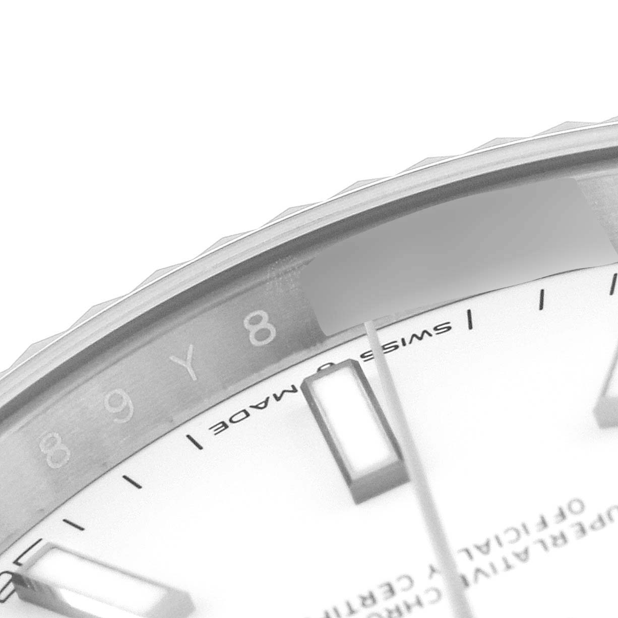The image shows a close-up of the dial and bezel of a Rolex Datejust 41 126334 Men
s Stainless Steel White Dial 126334 Men
s Stainless Steel White Dial watch.
