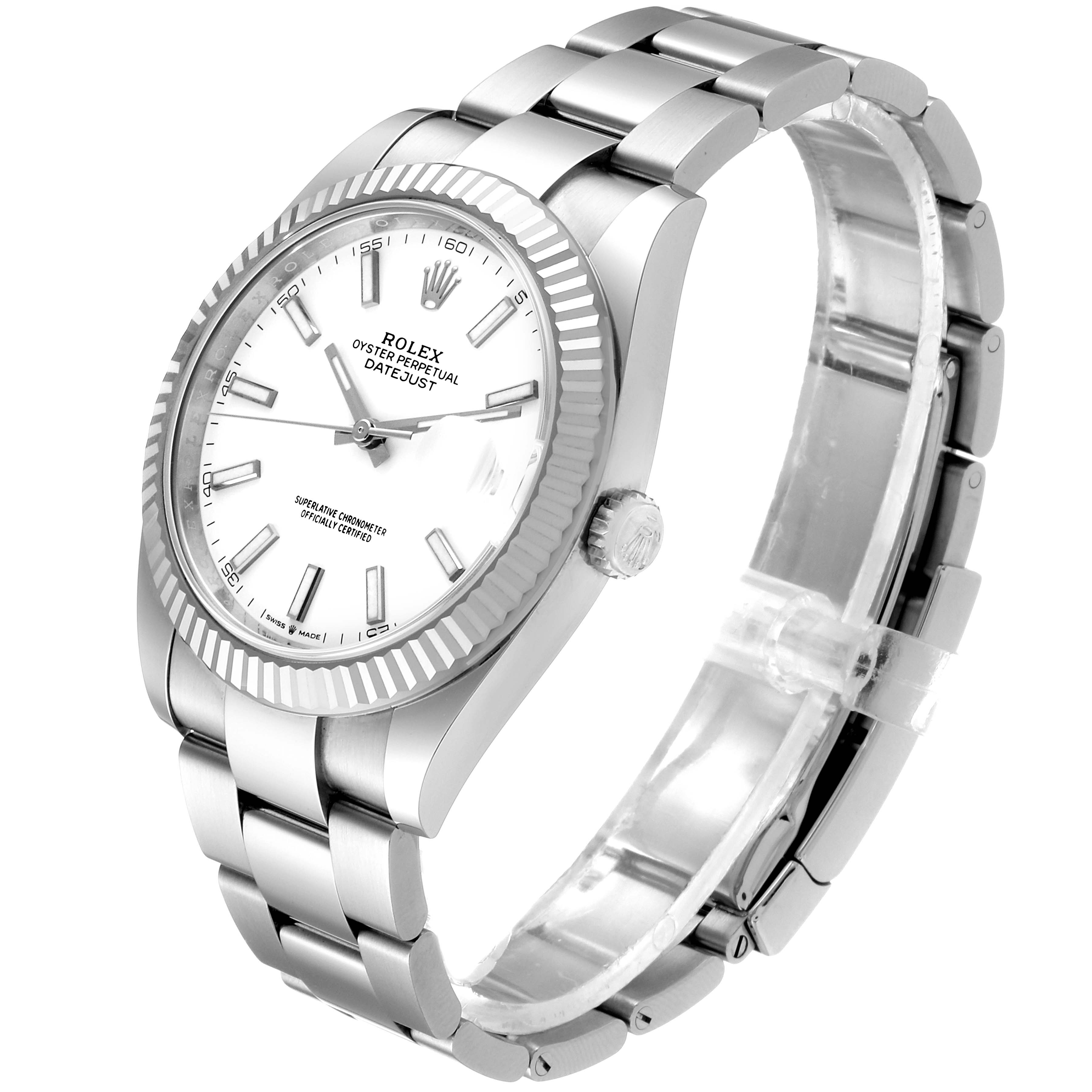 The Rolex Datejust 41 126334 Men
s Stainless Steel White Dial 126334 Men
s Stainless Steel White Dial model watch is shown from an angled side view, displaying its white dial, fluted bezel, and stainless steel bracelet.