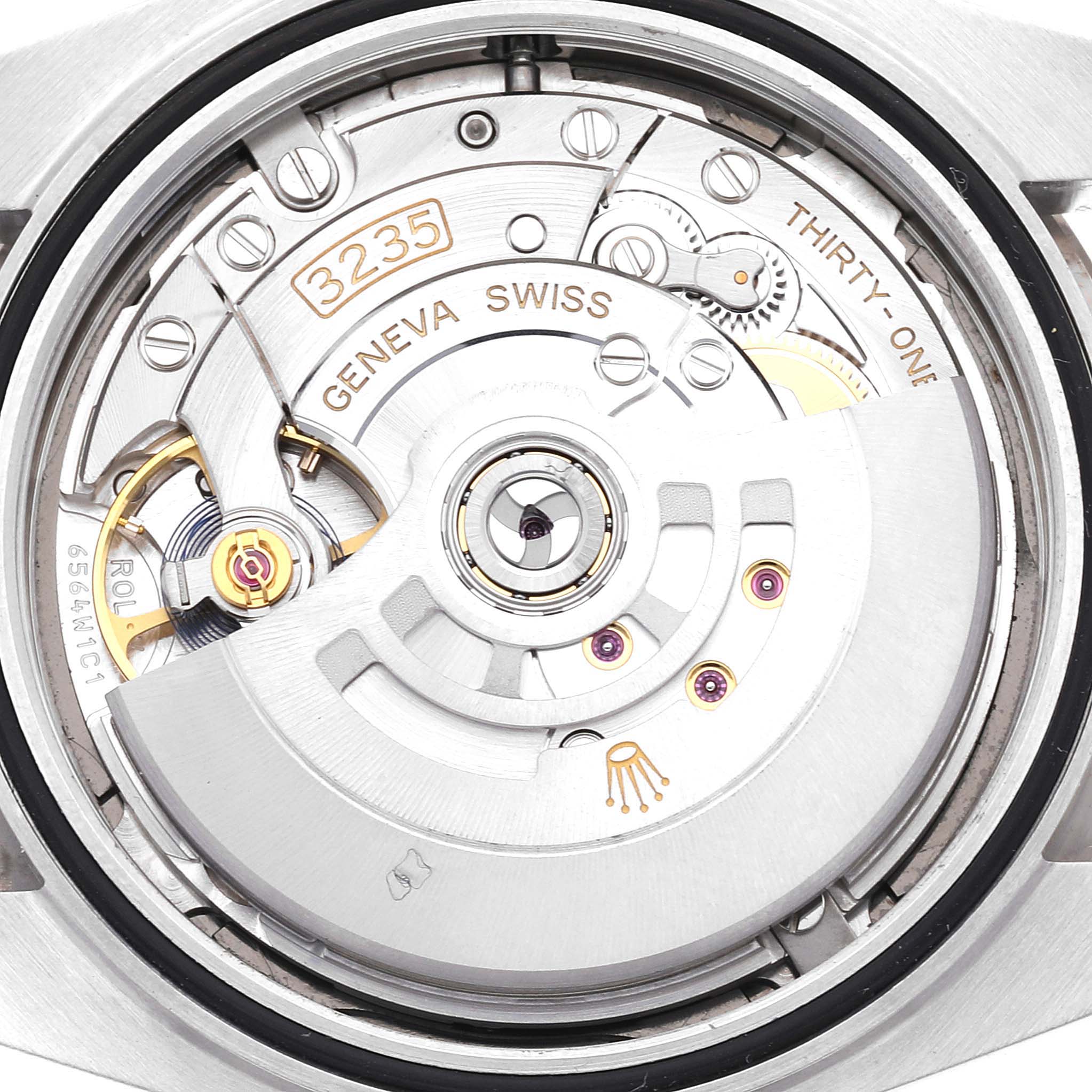 The image shows the internal movement mechanism of the Rolex Datejust 41 126334 Men's Stainless Steel Grey Dial 126334 Men's Stainless Steel Grey Dial watch from a top-down angle.