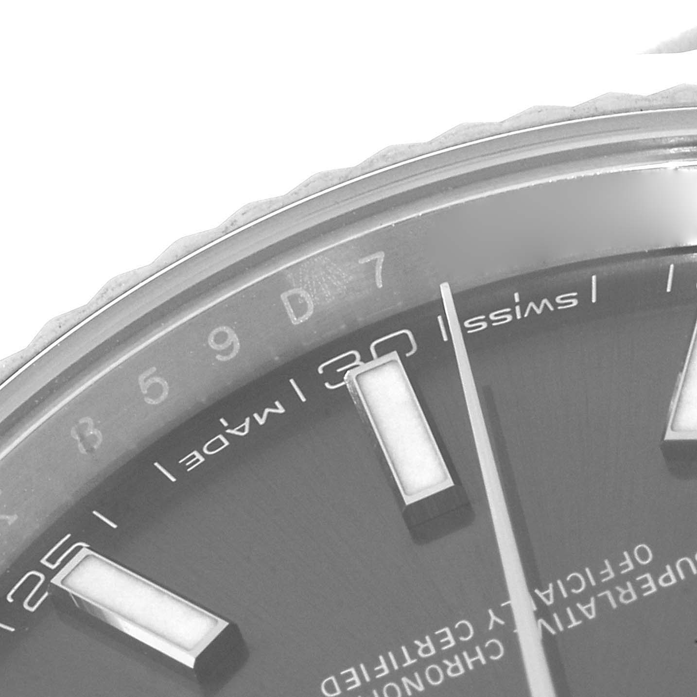 This image shows a close-up of the dial and partial bezel of the Rolex Datejust 41 126334 Men's Stainless Steel Grey Dial 126334 Men's Stainless Steel Grey Dial watch.