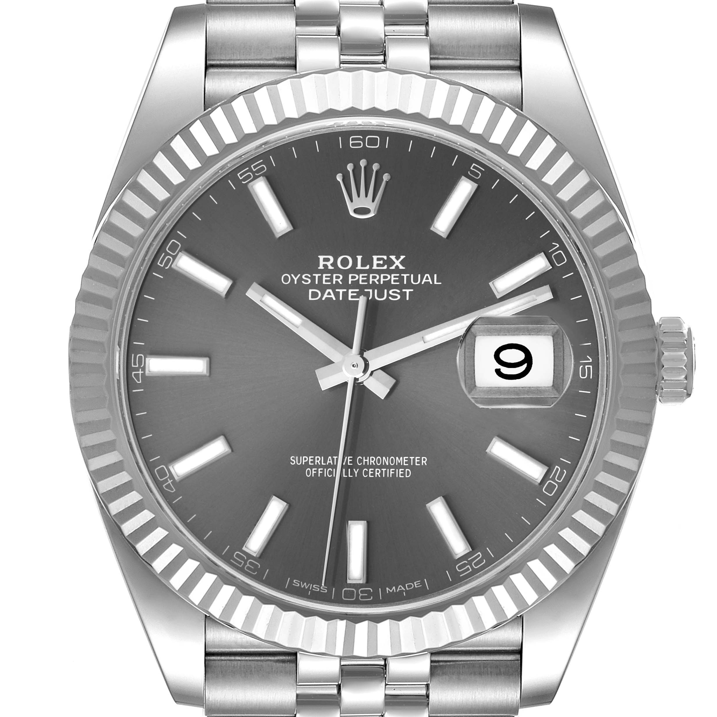 The front view of the Rolex Datejust 41 126334 Men's Stainless Steel Grey Dial 126334 Men's Stainless Steel Grey Dial watch shows the dial, hands, date window, and part of the bracelet and bezel.
