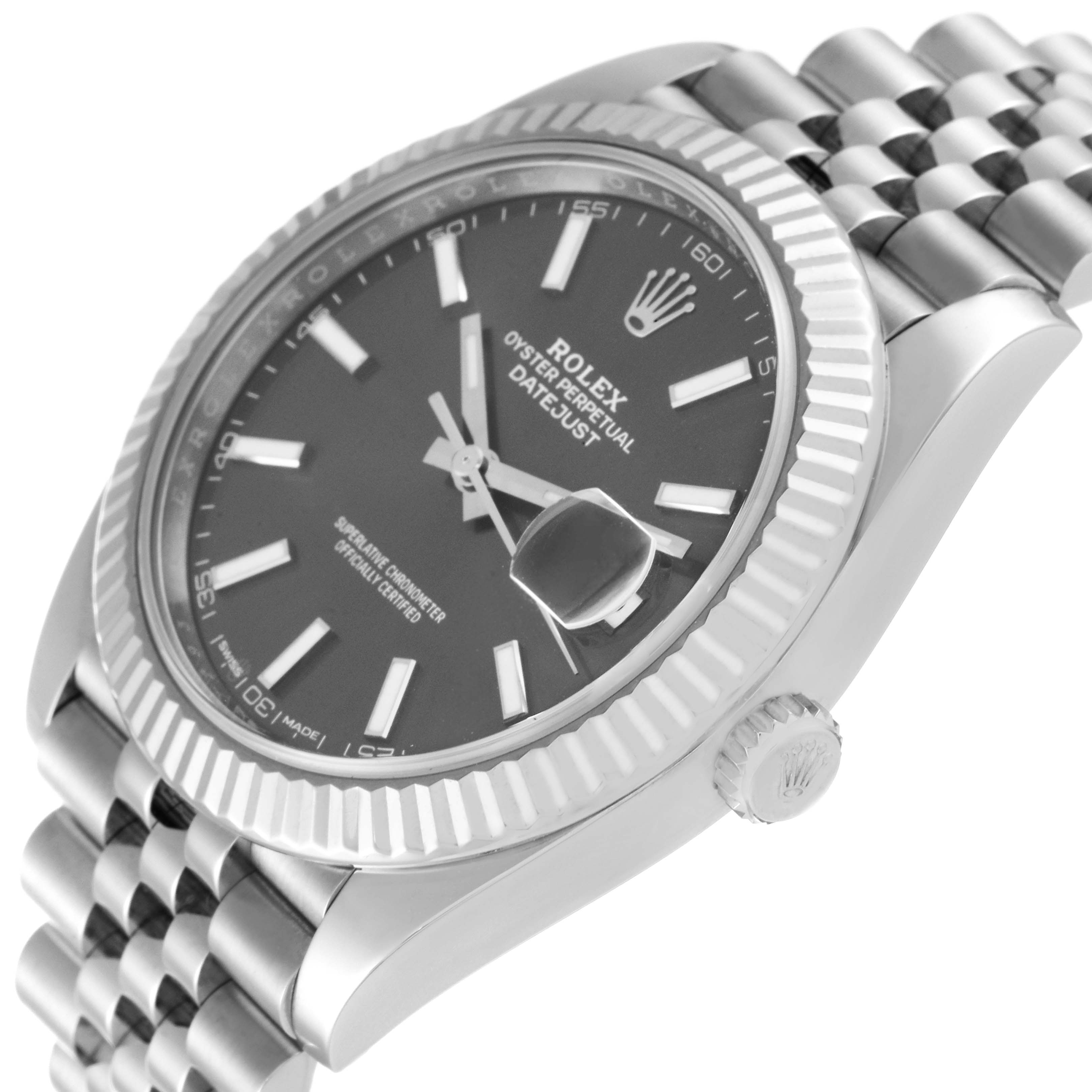 The image shows a side angle of the Rolex Datejust 41 126334 Men's Stainless Steel Grey Dial 126334 Men's Stainless Steel Grey Dial watch, highlighting the dial, bezel, jubilee bracelet, and crown.