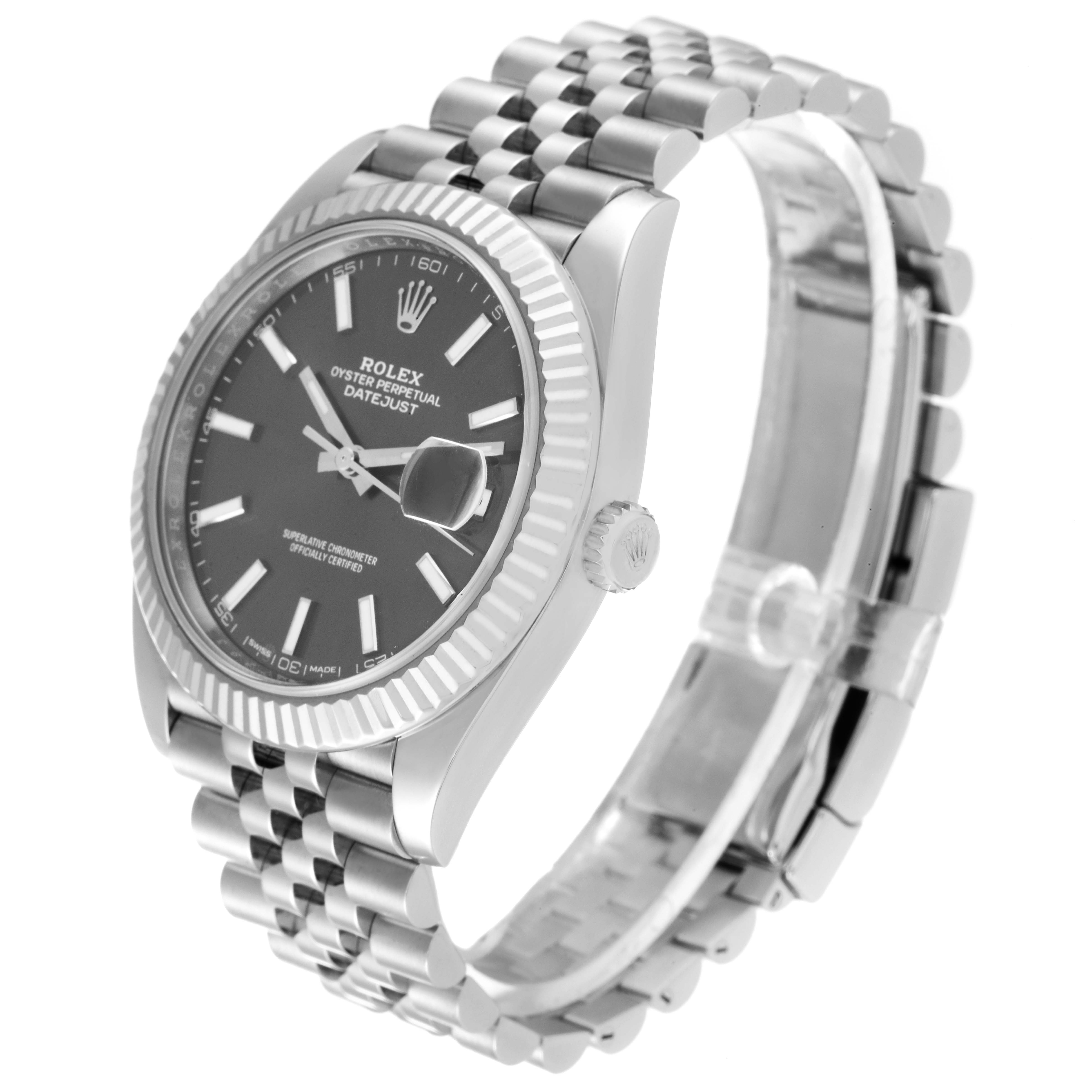 The image shows a side-angle view of a Rolex Datejust 41 126334 Men's Stainless Steel Grey Dial 126334 Men's Stainless Steel Grey Dial model, highlighting the dial, bezel, and jubilee bracelet.