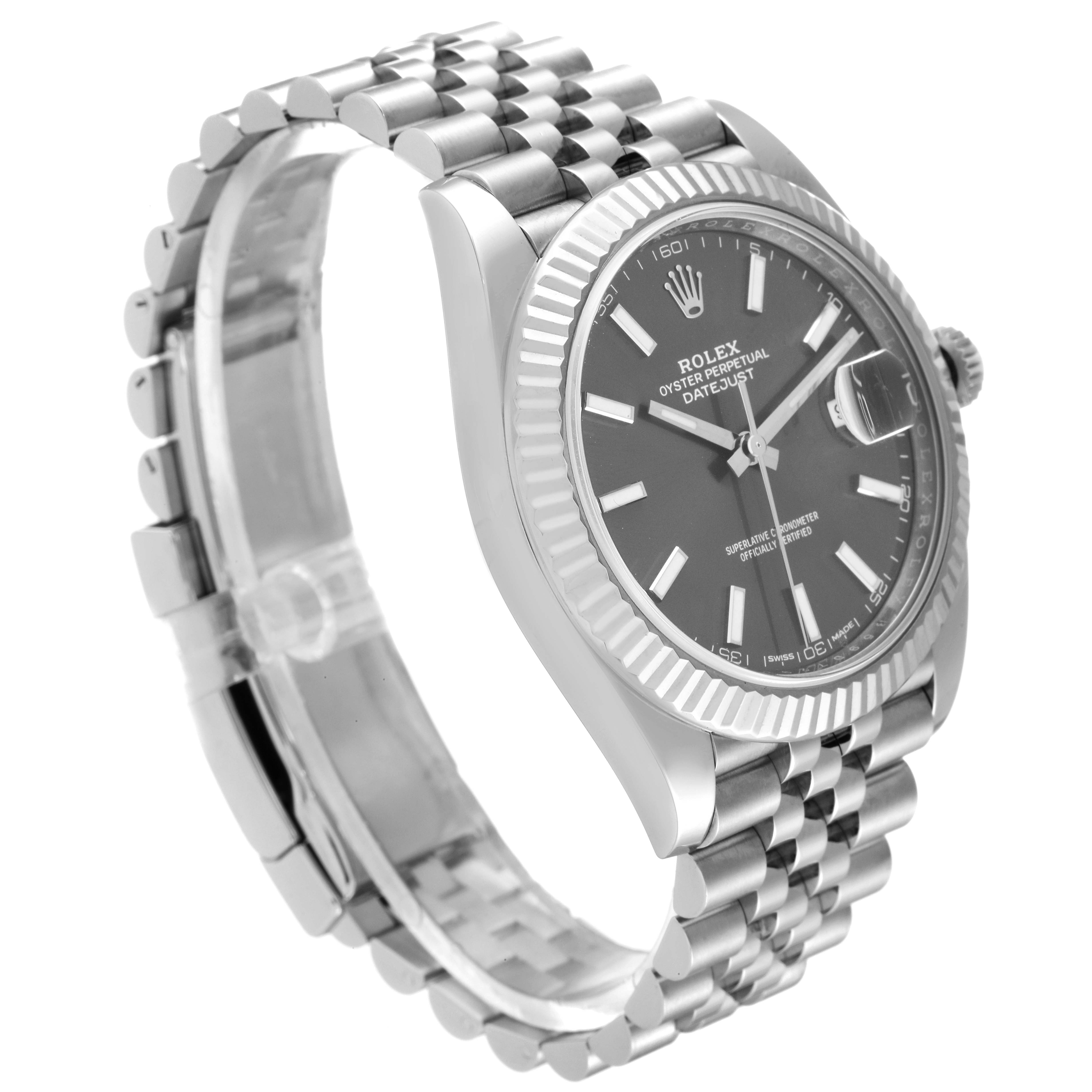 This image shows a side-angle view of a Rolex Datejust 41 126334 Men's Stainless Steel Grey Dial 126334 Men's Stainless Steel Grey Dial watch, highlighting its face, crown, and jubilee bracelet.