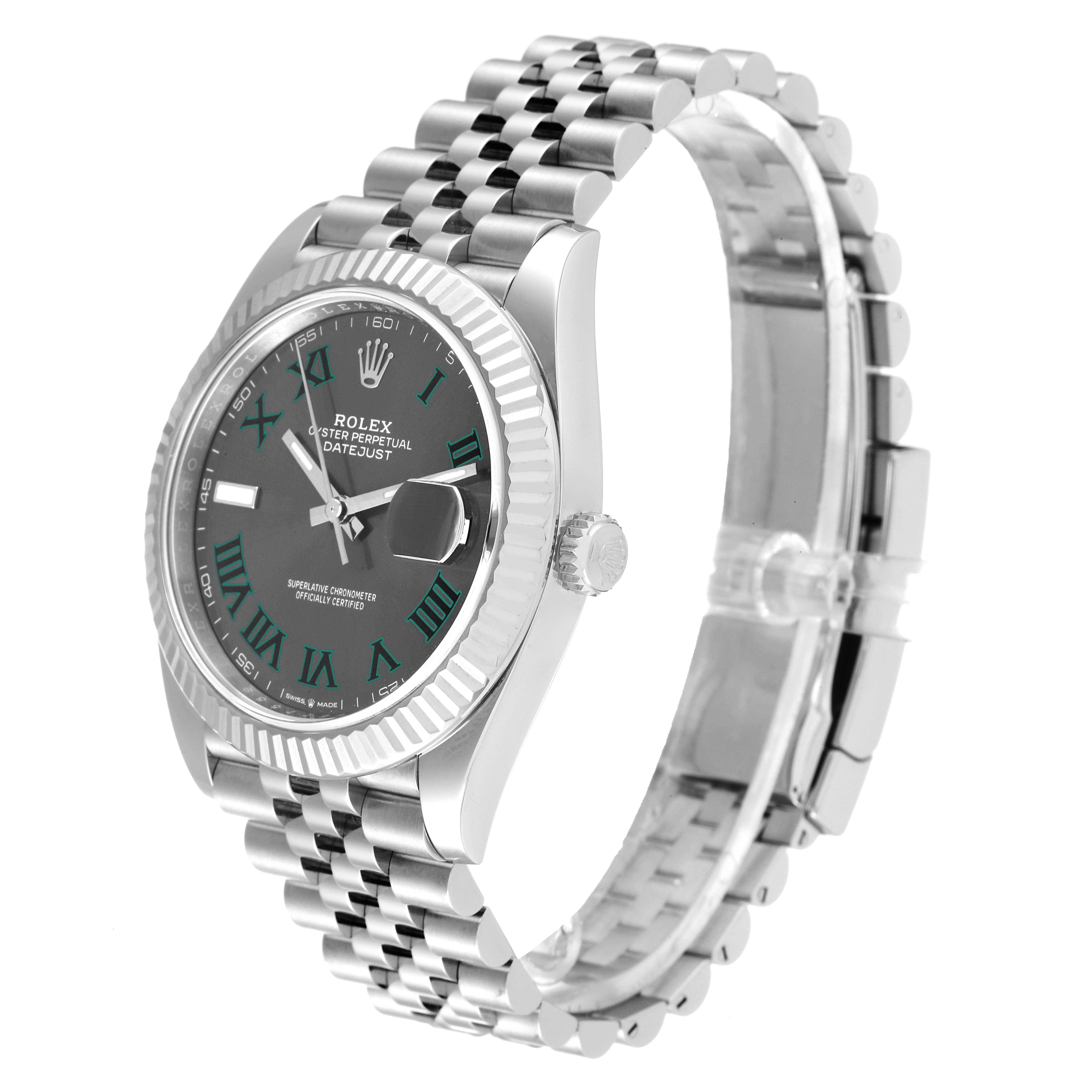 The image shows a Rolex Datejust 41 126334 Men's Stainless Steel Grey Dial 126334 Men's Stainless Steel Grey Dial watch from an angled side view, highlighting the dial, bezel, case, and bracelet.