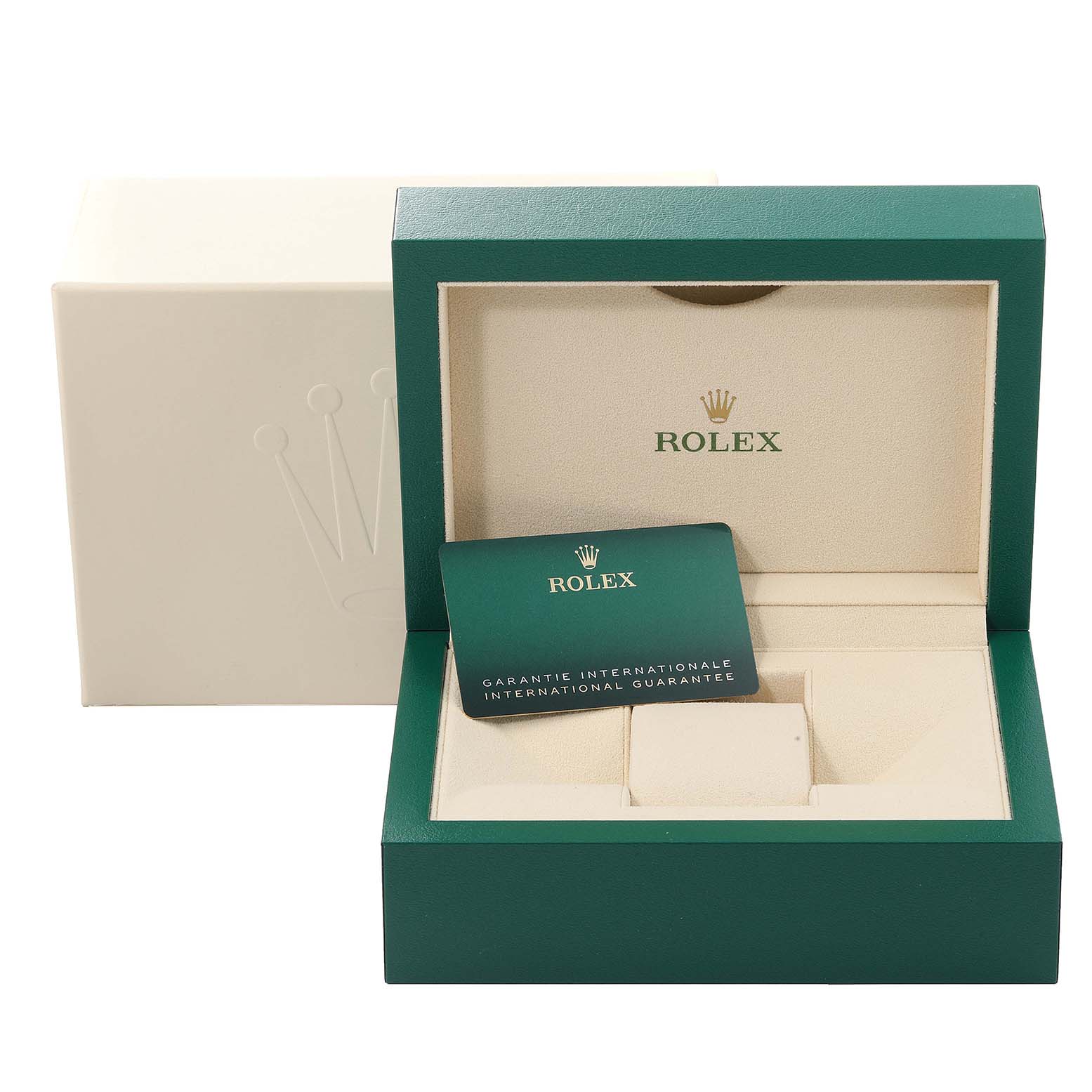 The image shows the empty box and international guarantee card for the Rolex Datejust 41 126334 Men's Stainless Steel Grey Dial 126334 Men's Stainless Steel Grey Dial model.