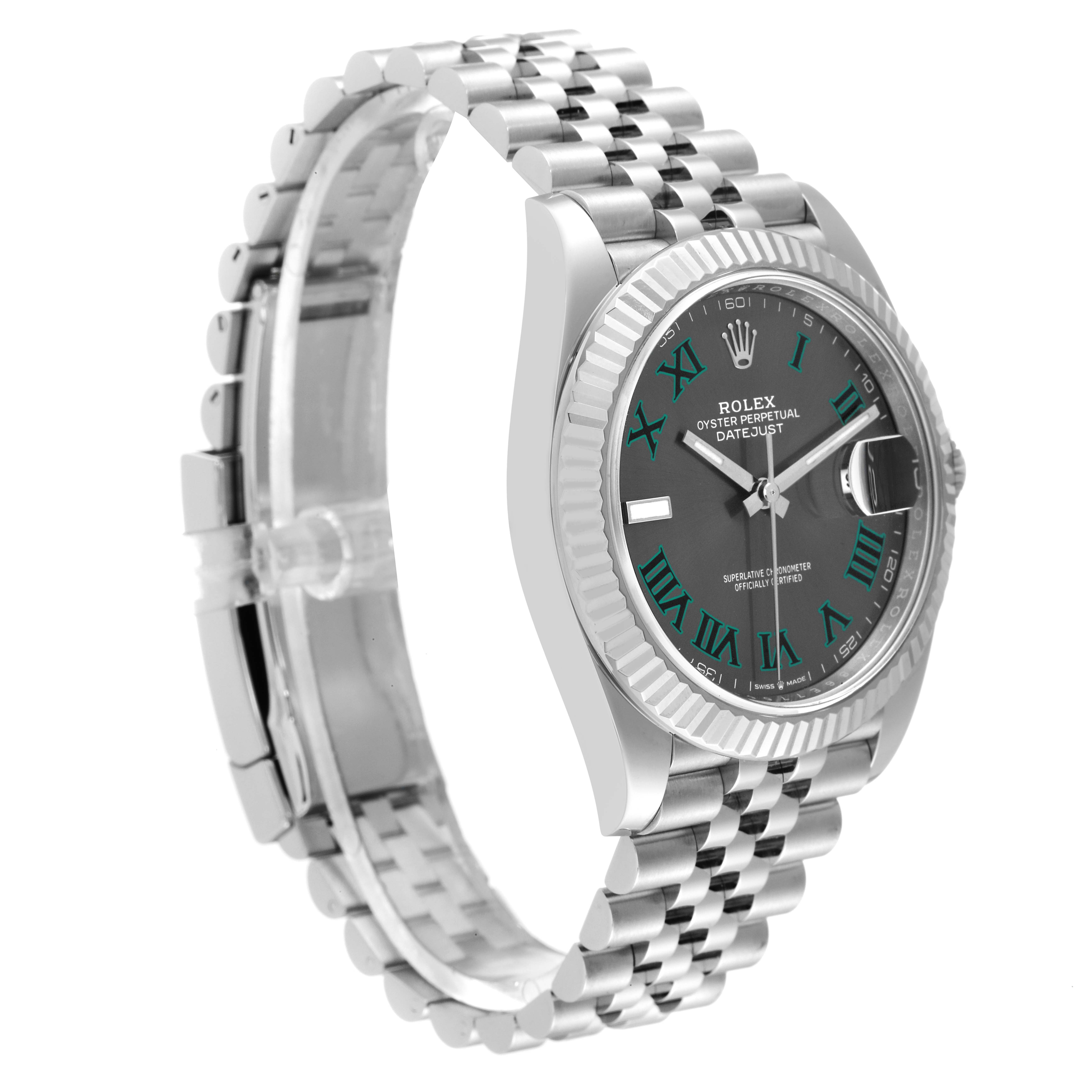 The image shows a Rolex Datejust 41 126334 Men's Stainless Steel Grey Dial 126334 Men's Stainless Steel Grey Dial watch angled from the front-left, highlighting the face, fluted bezel, and Jubilee bracelet.