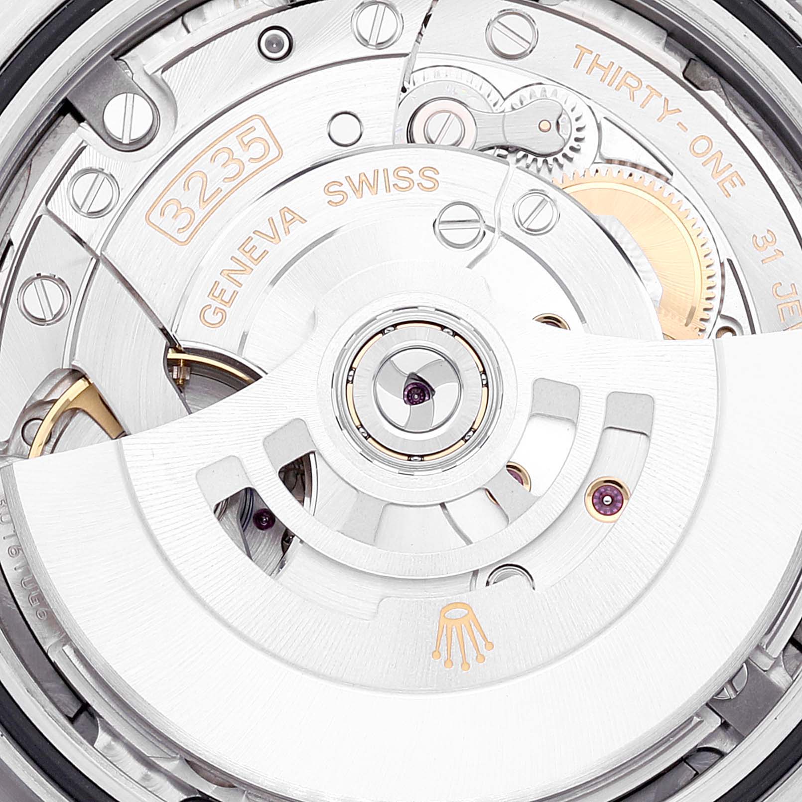 This image shows a close-up of the Rolex Datejust 41 126334 Men's Stainless Steel Grey Dial 126334 Men's Stainless Steel Grey Dial's movement, specifically the caliber 3235 mechanism.