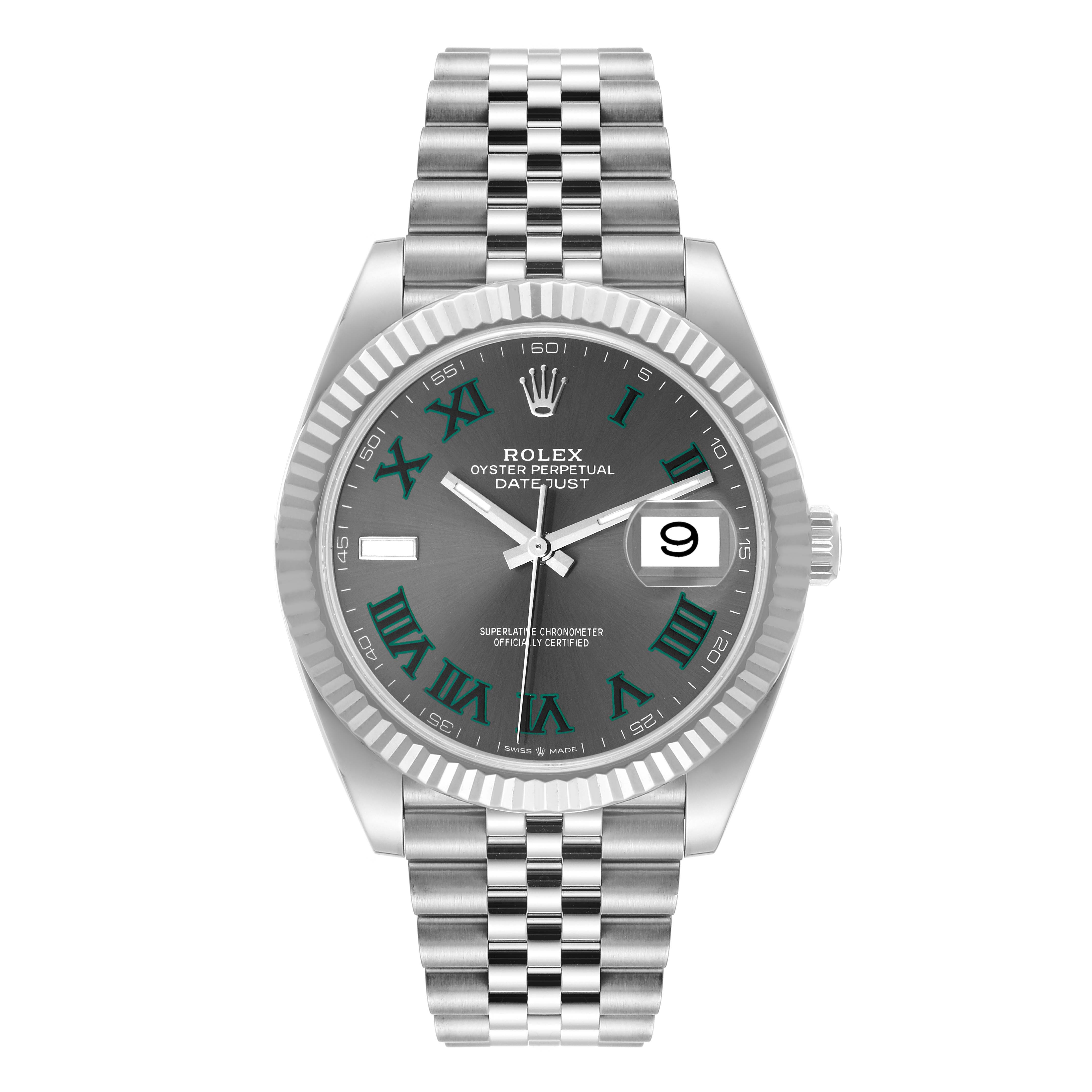 This image shows a front view of the Rolex Datejust 41 126334 Men's Stainless Steel Grey Dial 126334 Men's Stainless Steel Grey Dial model, highlighting the dial, fluted bezel, and Jubilee bracelet.