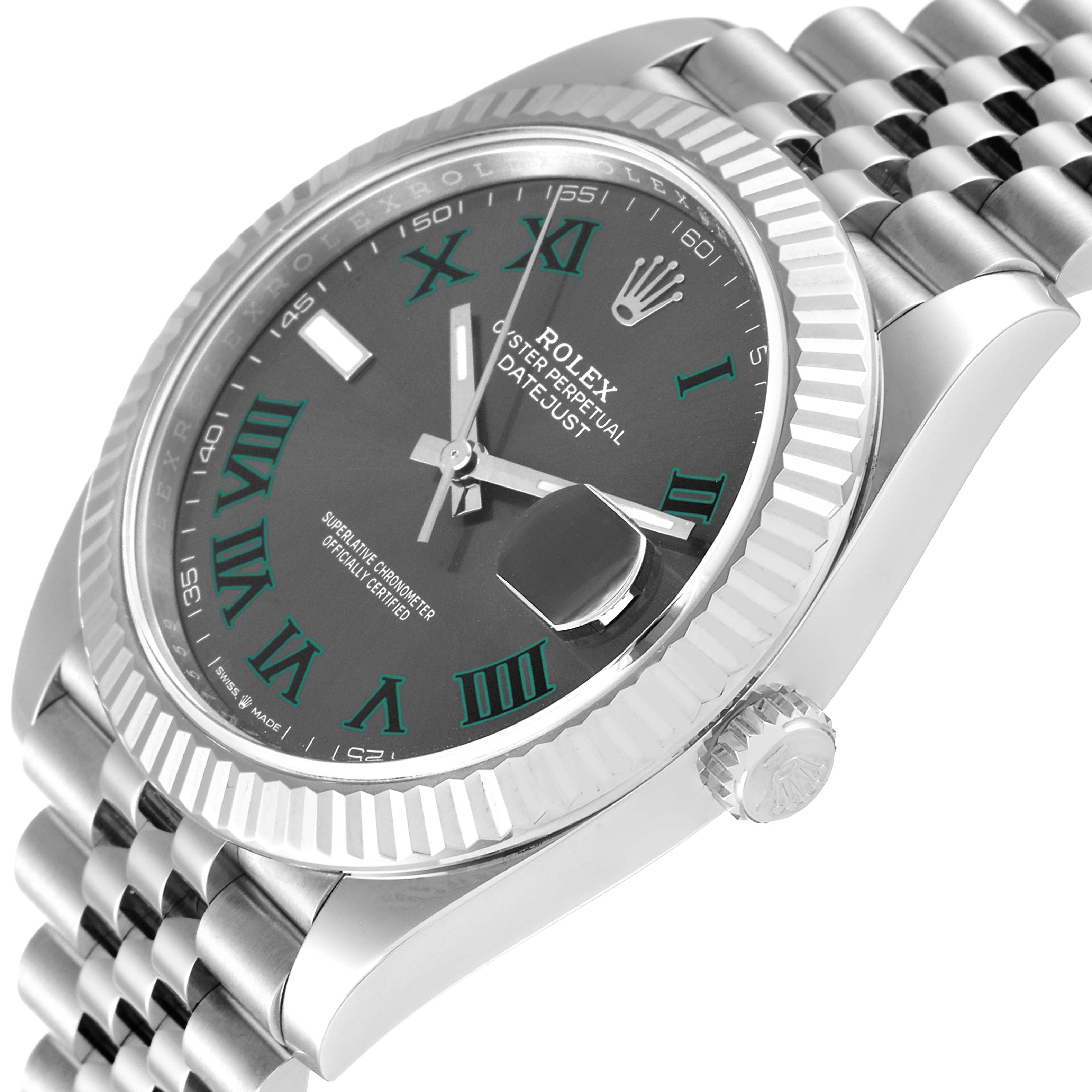 This image shows a Rolex Datejust 41 126334 Men's Stainless Steel Grey Dial 126334 Men's Stainless Steel Grey Dial watch from an angled view highlighting the dial, bezel, and part of the bracelet.