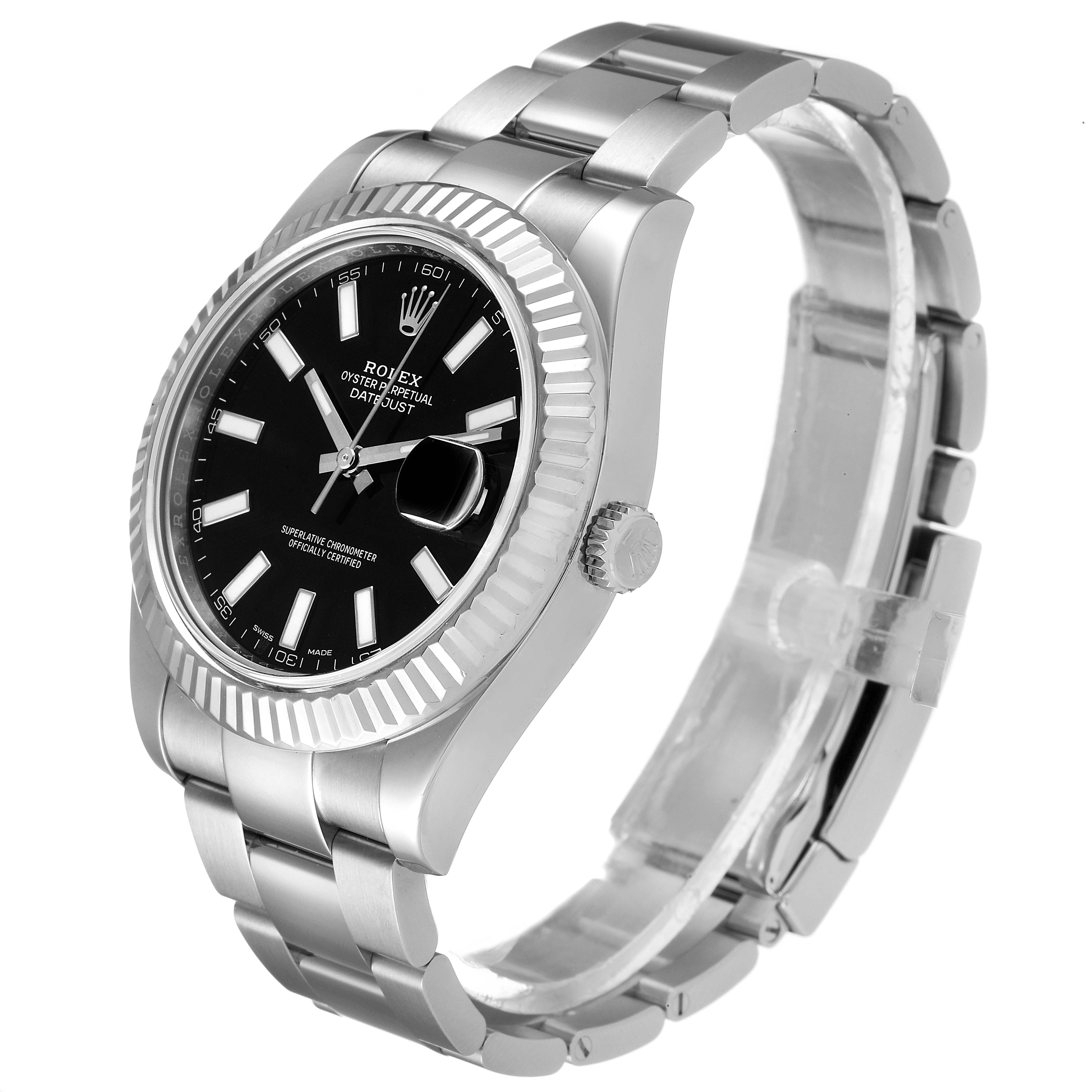 The image shows a Rolex Datejust 41 116334 Men
s Stainless Steel Black Dial 116334 Men
s Stainless Steel Black Dial watch at a three-quarter angle, displaying its dial, bezel, crown, and part of the bracelet.