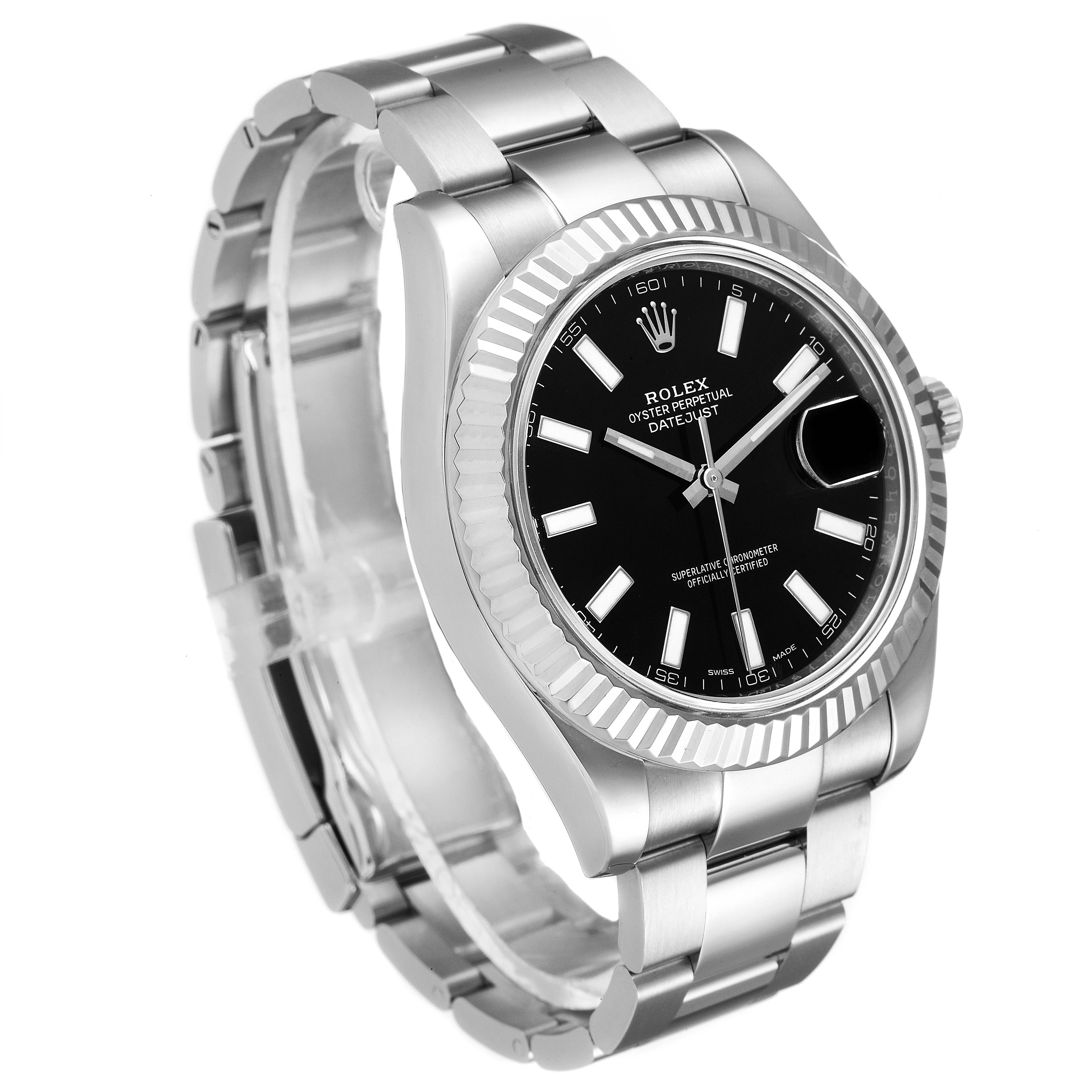 The image depicts a Rolex Datejust 41 116334 Men
s Stainless Steel Black Dial 116334 Men
s Stainless Steel Black Dial watch at an angle showing the face, bezel, crown, and part of the bracelet.