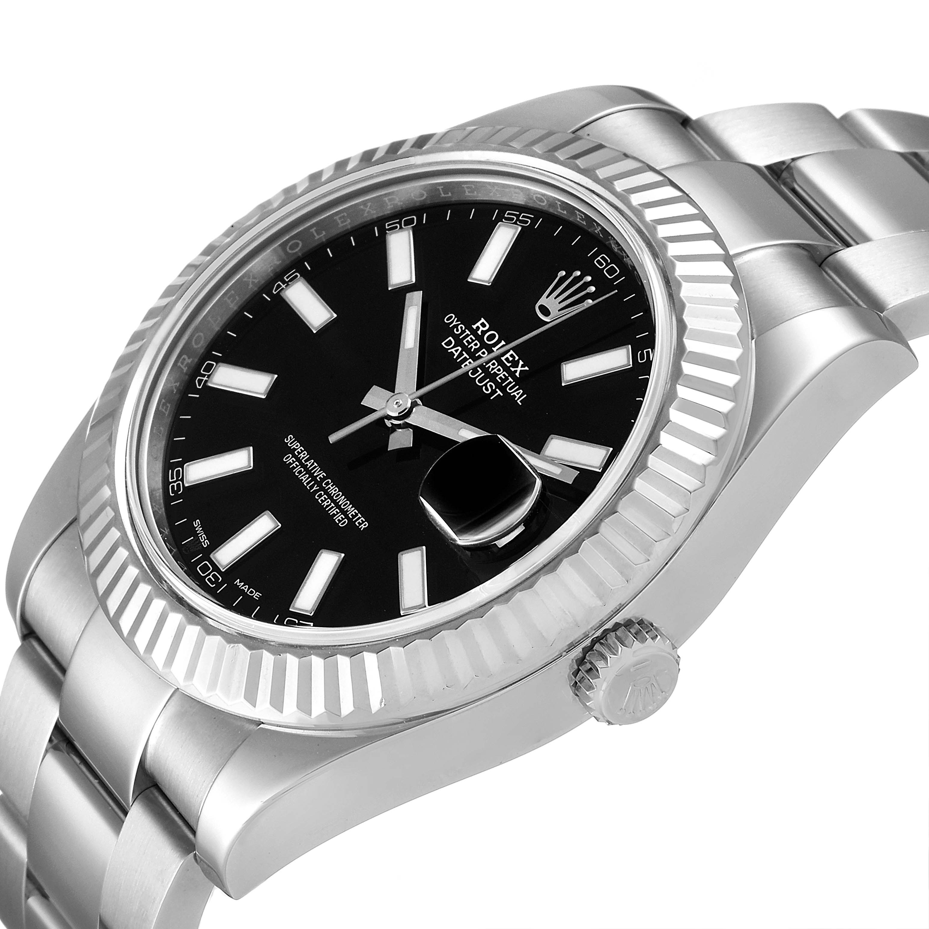The image shows a Rolex Datejust 41 116334 Men
s Stainless Steel Black Dial 116334 Men
s Stainless Steel Black Dial watch at an angled view, highlighting its black dial, fluted bezel, and oyster bracelet.