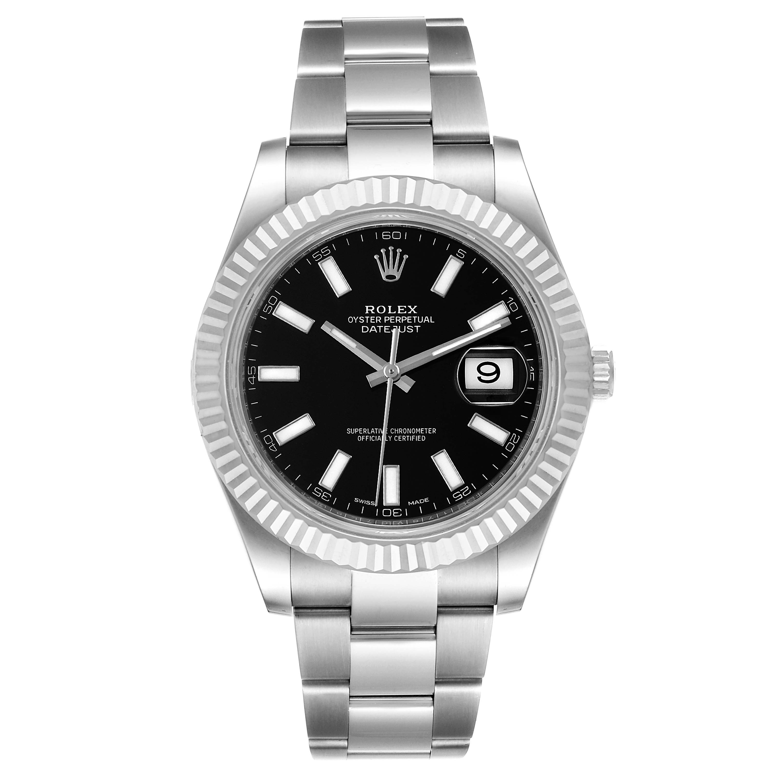 This image shows a front view of the Rolex Datejust 41 116334 Men
s Stainless Steel Black Dial 116334 Men
s Stainless Steel Black Dial watch, displaying the black dial, date window, and stainless steel bracelet.