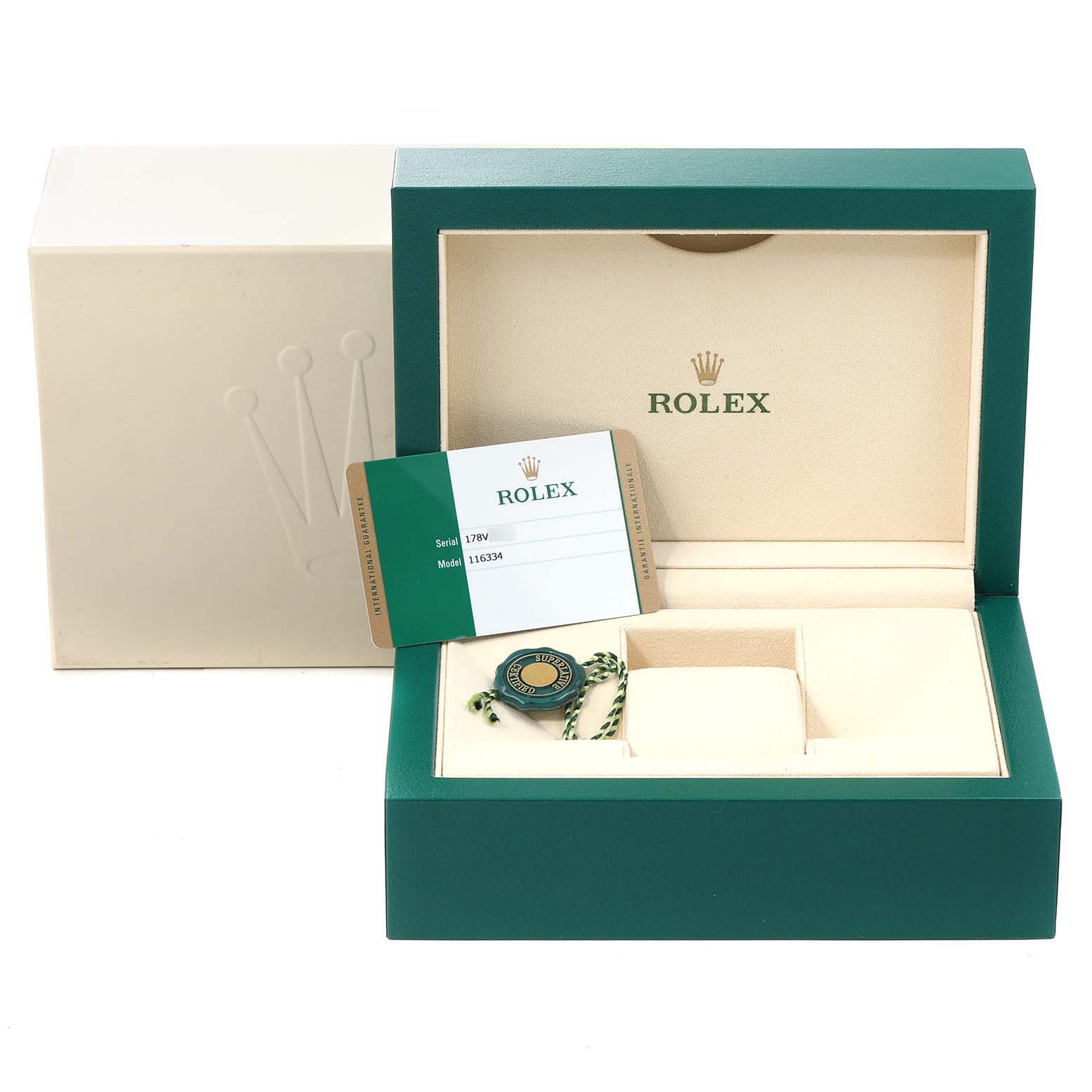 The image shows the packaging and accessories for a Rolex Datejust 41 116334 Men
s Stainless Steel Black Dial 116334 Men
s Stainless Steel Black Dial, including the box, warranty card, and hang tag.