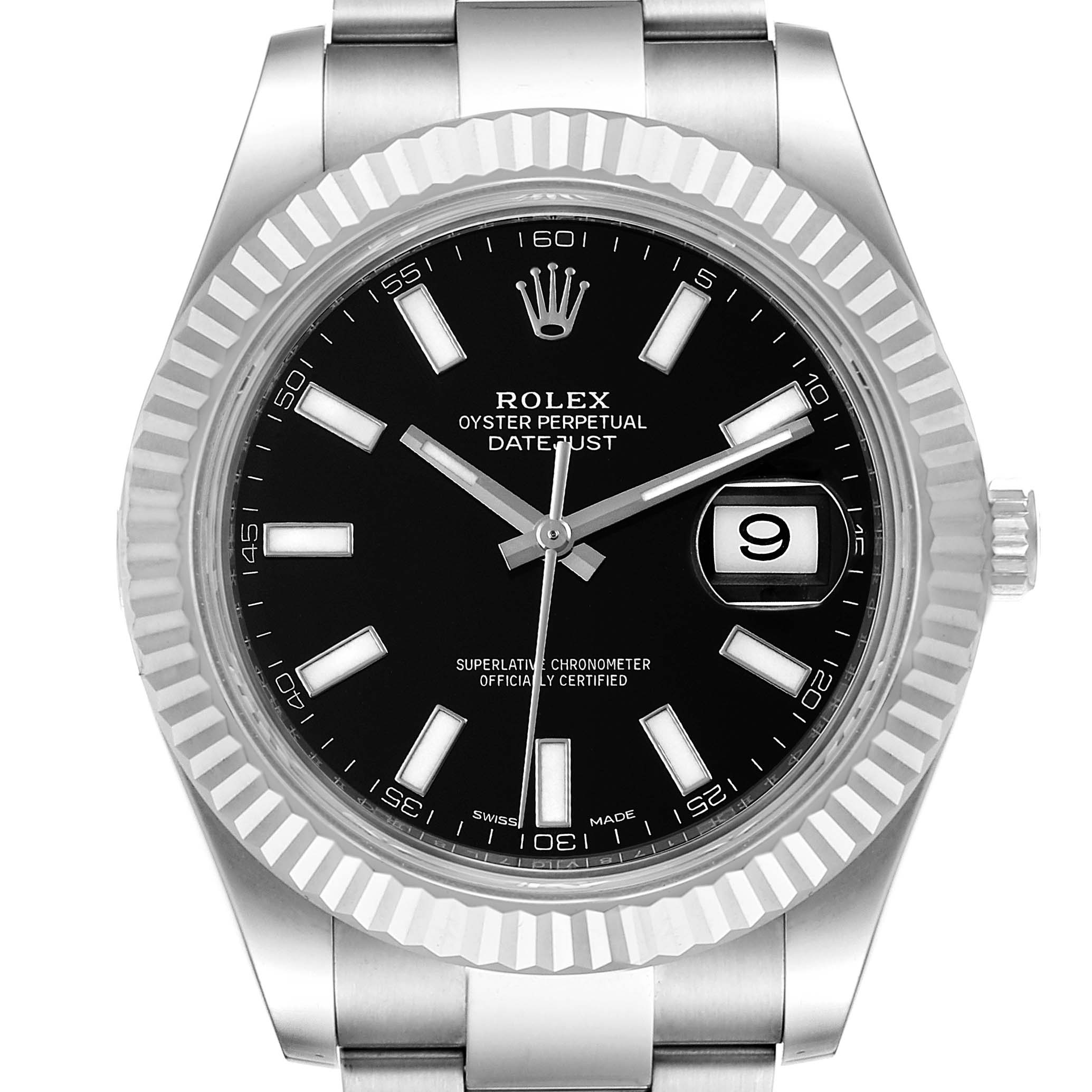 The image shows a front view of a Rolex Datejust 41 116334 Men
s Stainless Steel Black Dial 116334 Men
s Stainless Steel Black Dial watch, highlighting the face, bezel, and part of the bracelet.