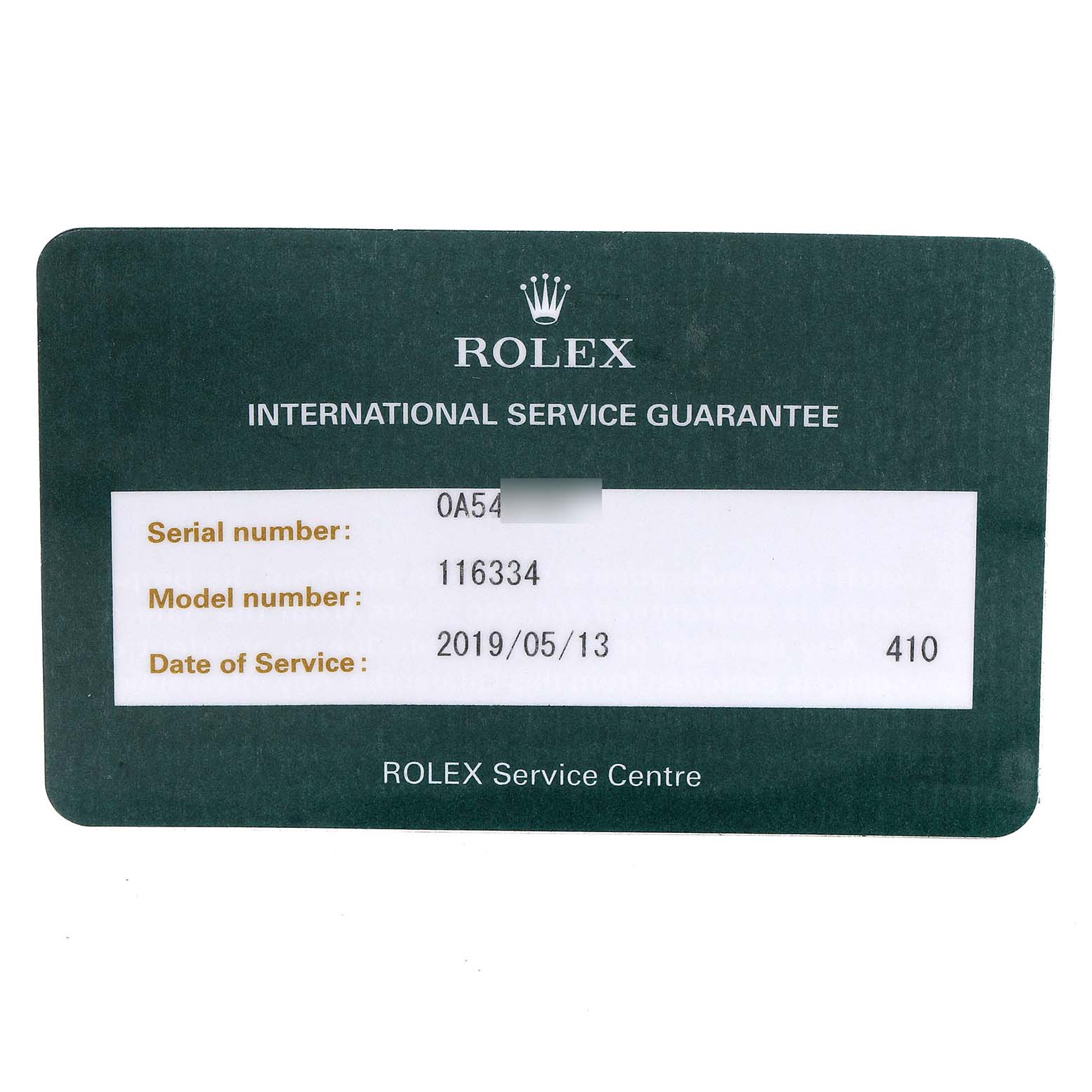 This image shows the International Service Guarantee card for a Rolex Datejust 41 116334 Men
s Stainless Steel Black Dial 116334 Men
s Stainless Steel Black Dial, model number 116334.