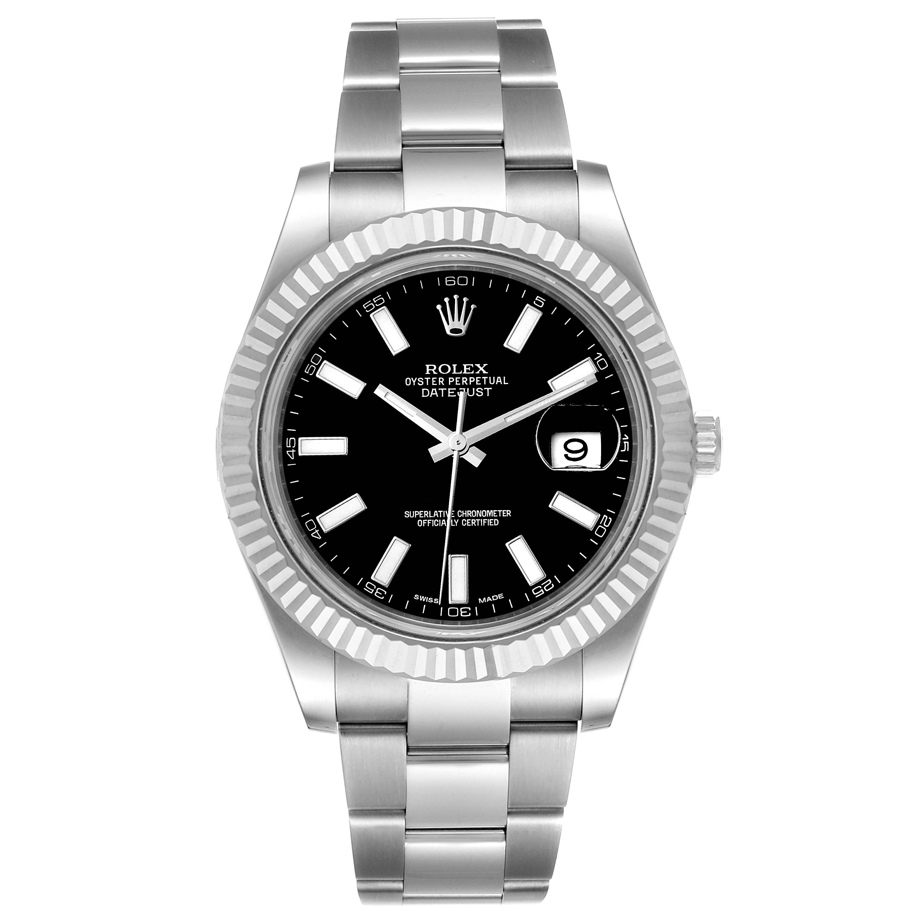The image shows a front view of the Rolex Datejust 41 116334 Men
s Stainless Steel Black Dial 116334 Men
s Stainless Steel Black Dial watch, displaying its dial, bezel, bracelet, and crown.