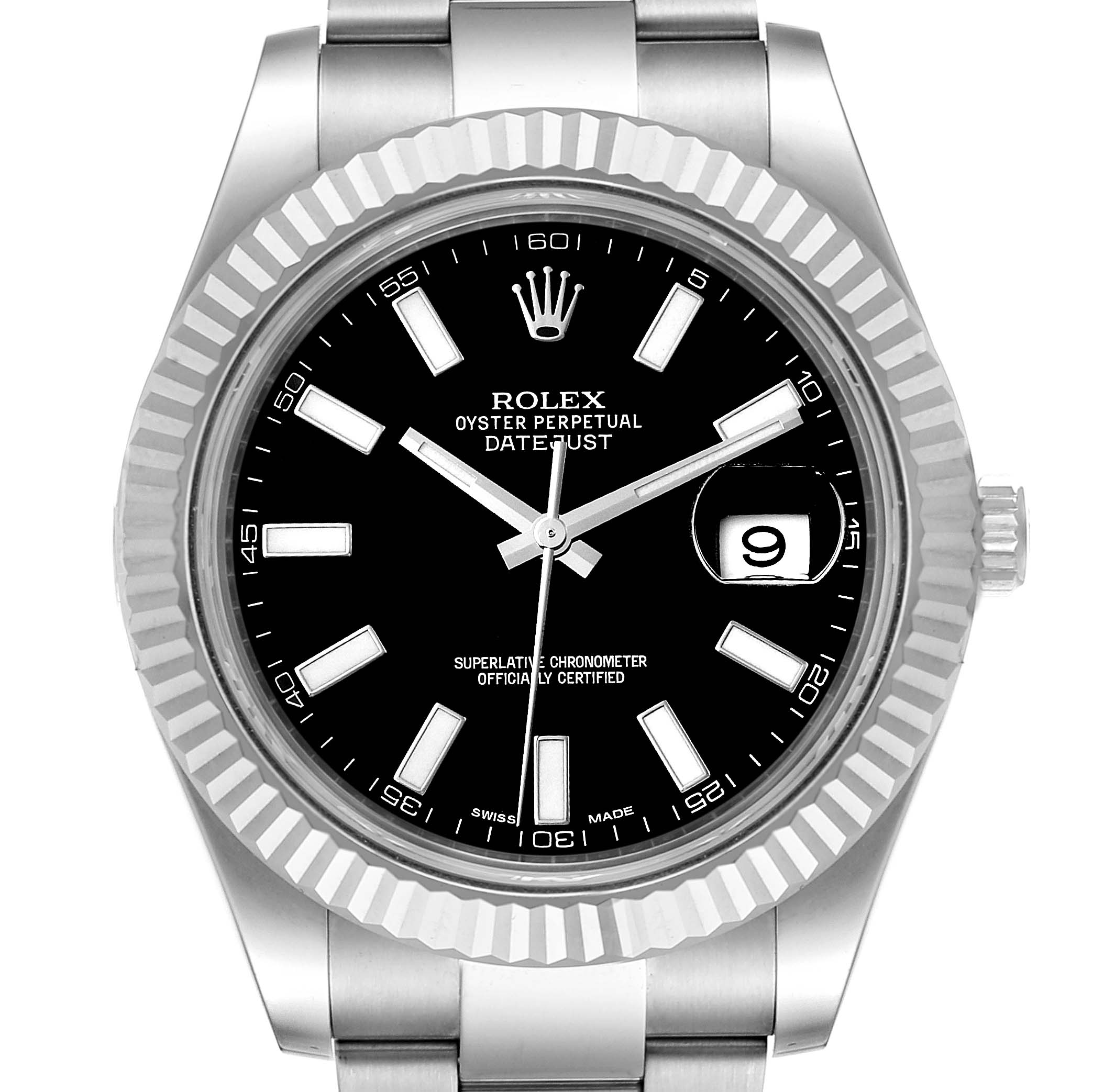This image shows a frontal view of the Rolex Datejust 41 116334 Men
s Stainless Steel Black Dial 116334 Men
s Stainless Steel Black Dial watch, highlighting its face, bezel, and part of the bracelet.