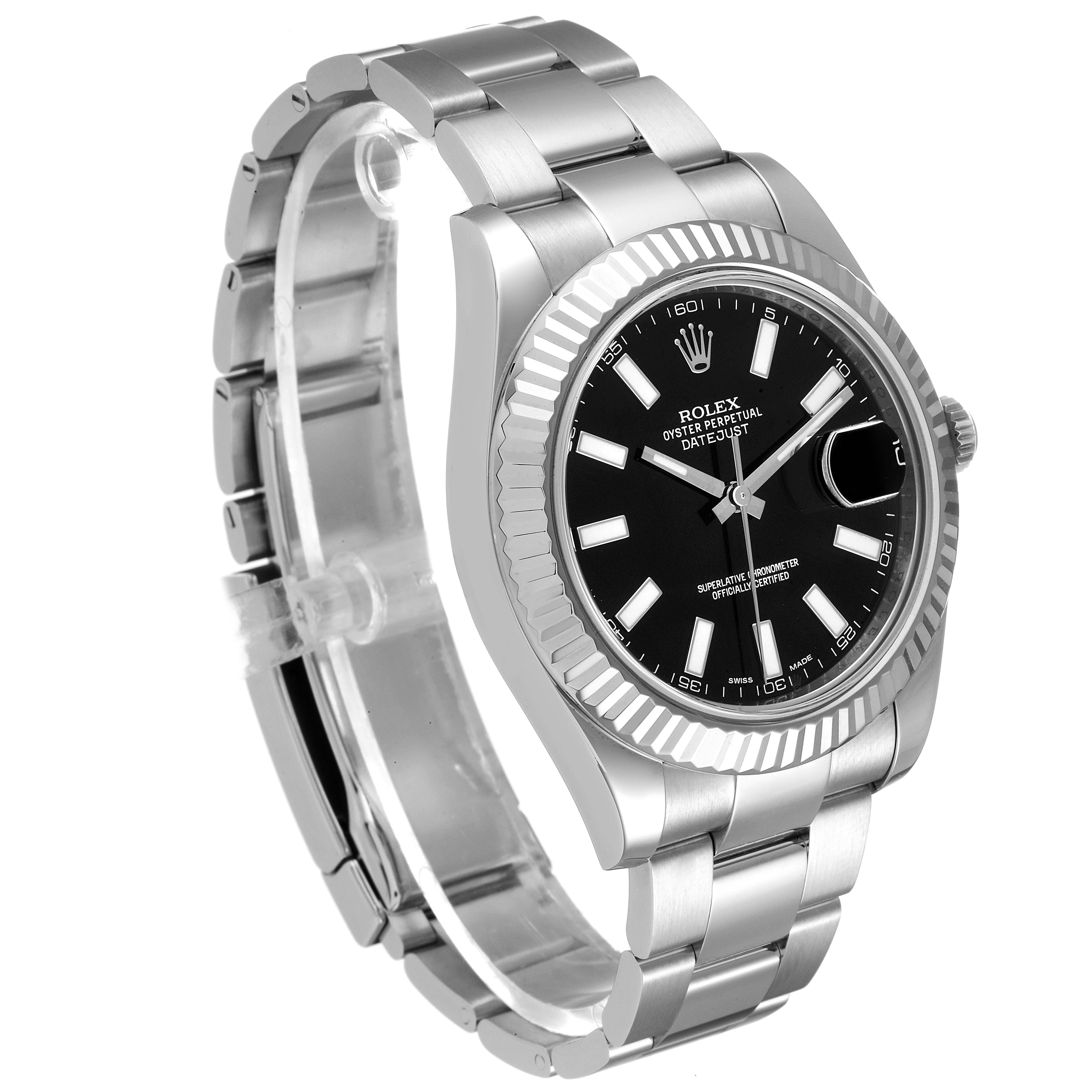 The image shows a Rolex Datejust 41 116334 Men
s Stainless Steel Black Dial 116334 Men
s Stainless Steel Black Dial watch from a three-quarter angle, highlighting its black dial, fluted bezel, and metal bracelet.